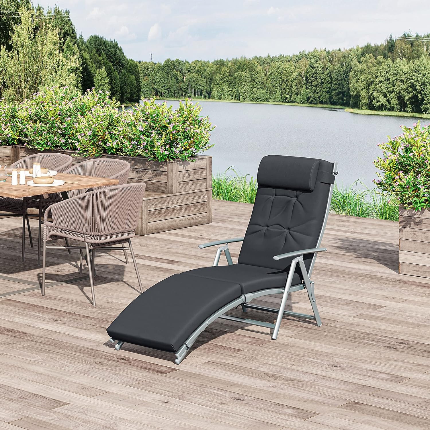 Folding Sun Lounger 7 Level Recliner Chair Black