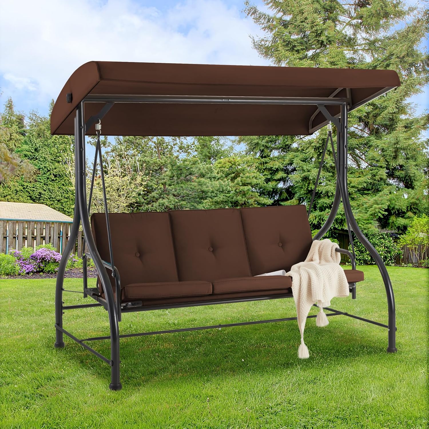 3 Seater Garden Swing Bed Brown Canopy Cushions Steel