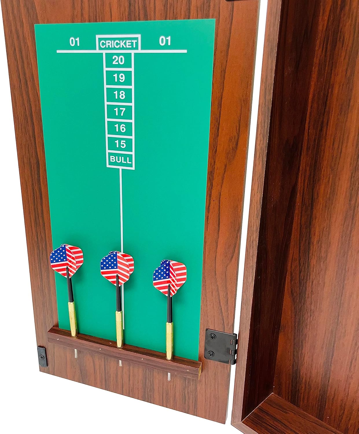 Dart Board Cabinet Set Walnut Wood Scoreboard 6 Steel Darts