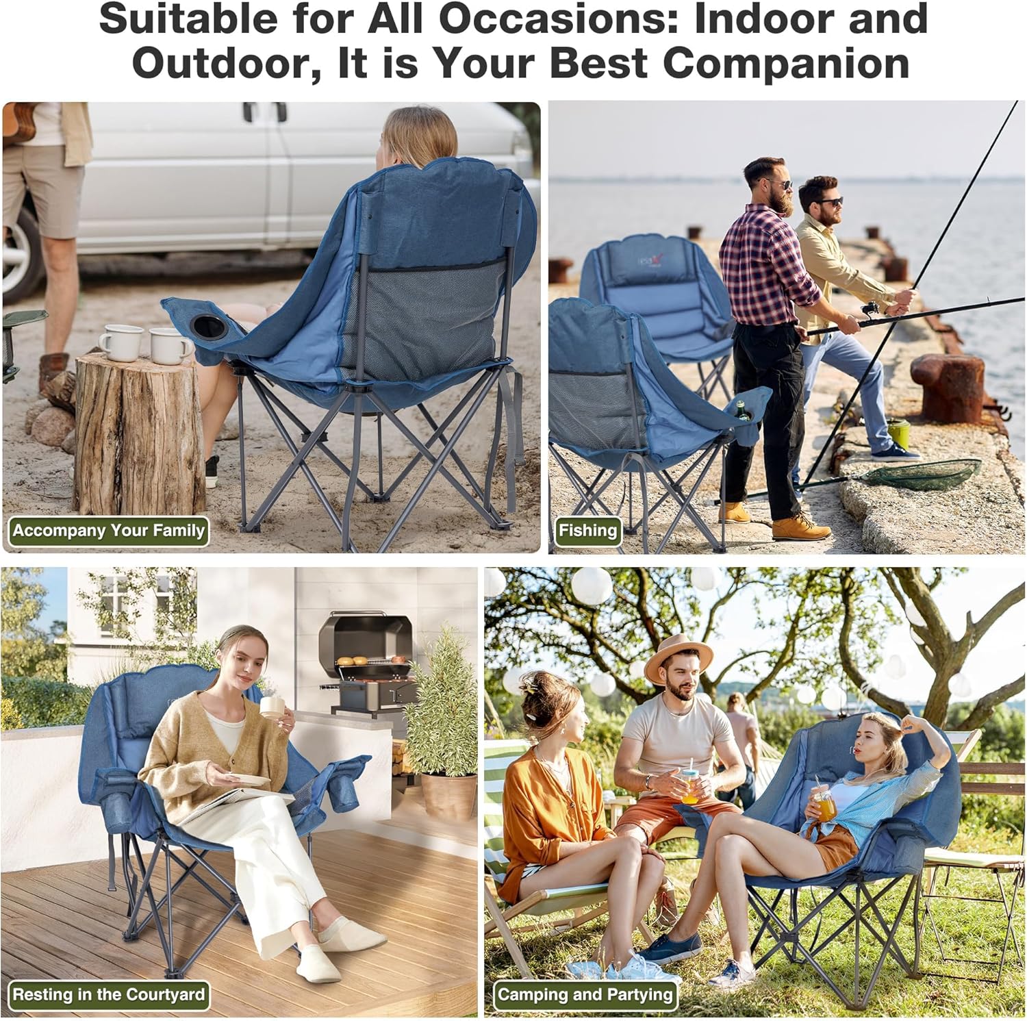 Set of 2 Oversized Padded Camping Chairs 227KG Blue
