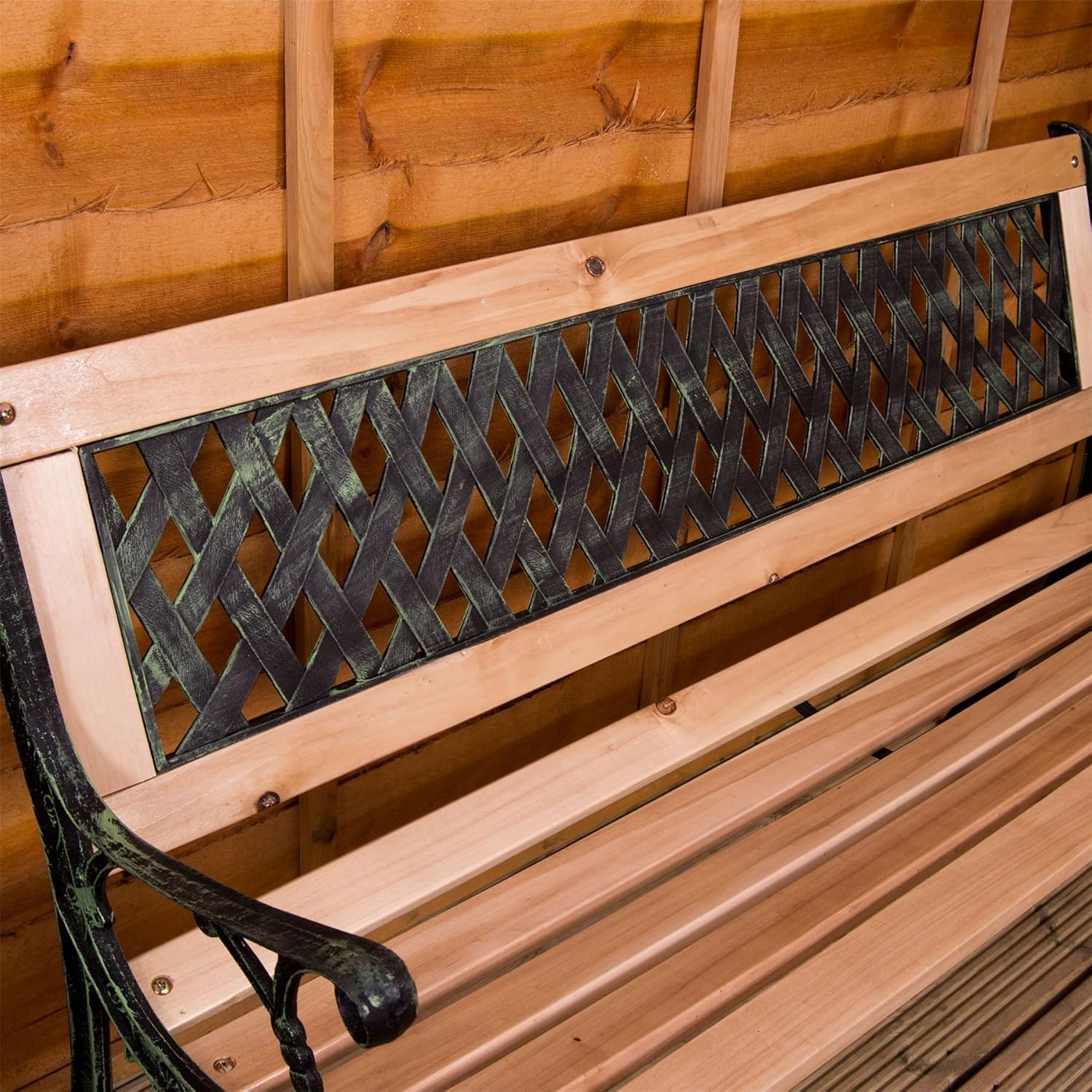 3 Seater Wooden Garden Bench Cast Iron Frame Cross Back Patio Seat