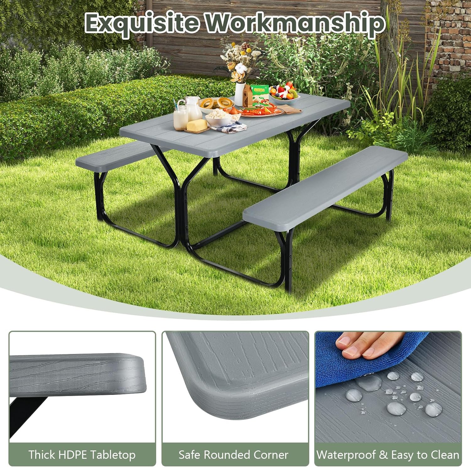 Outdoor Picnic Table Bench Set HDPE Garden Dining Grey