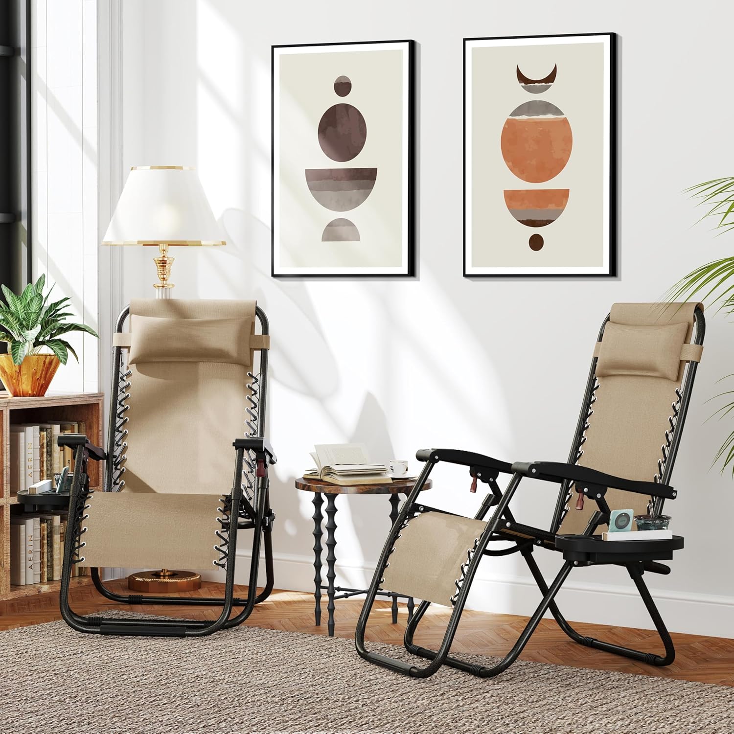 2 Zero Gravity Recliner Chairs Folding with Cup Holder Beige