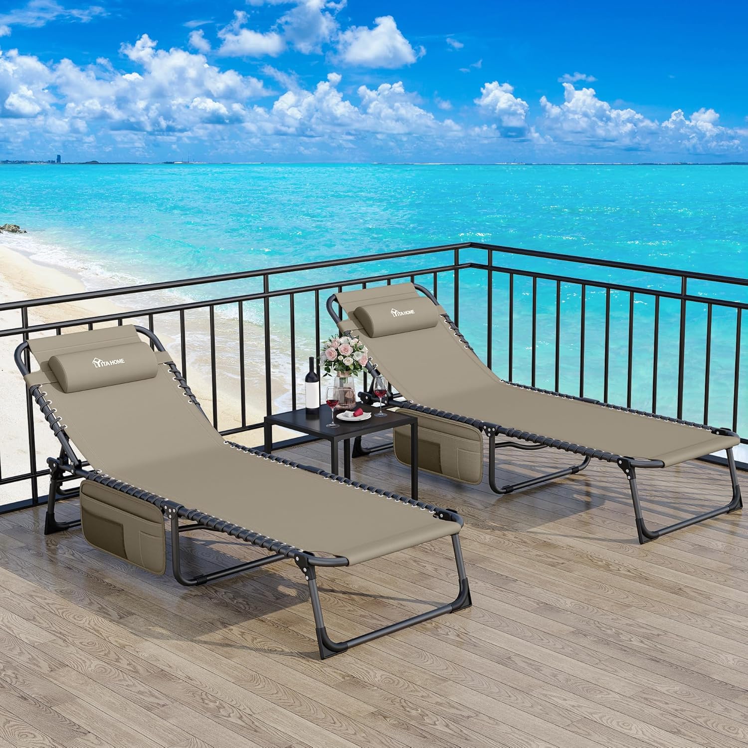 Set of 2 Folding Sun Loungers Khaki 4 Position