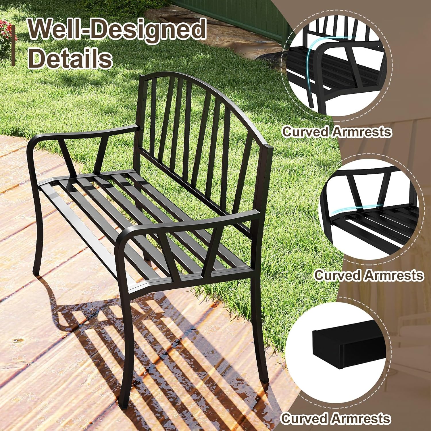 2-3 Seater Outdoor Metal Garden Bench Patio Park Seat Black