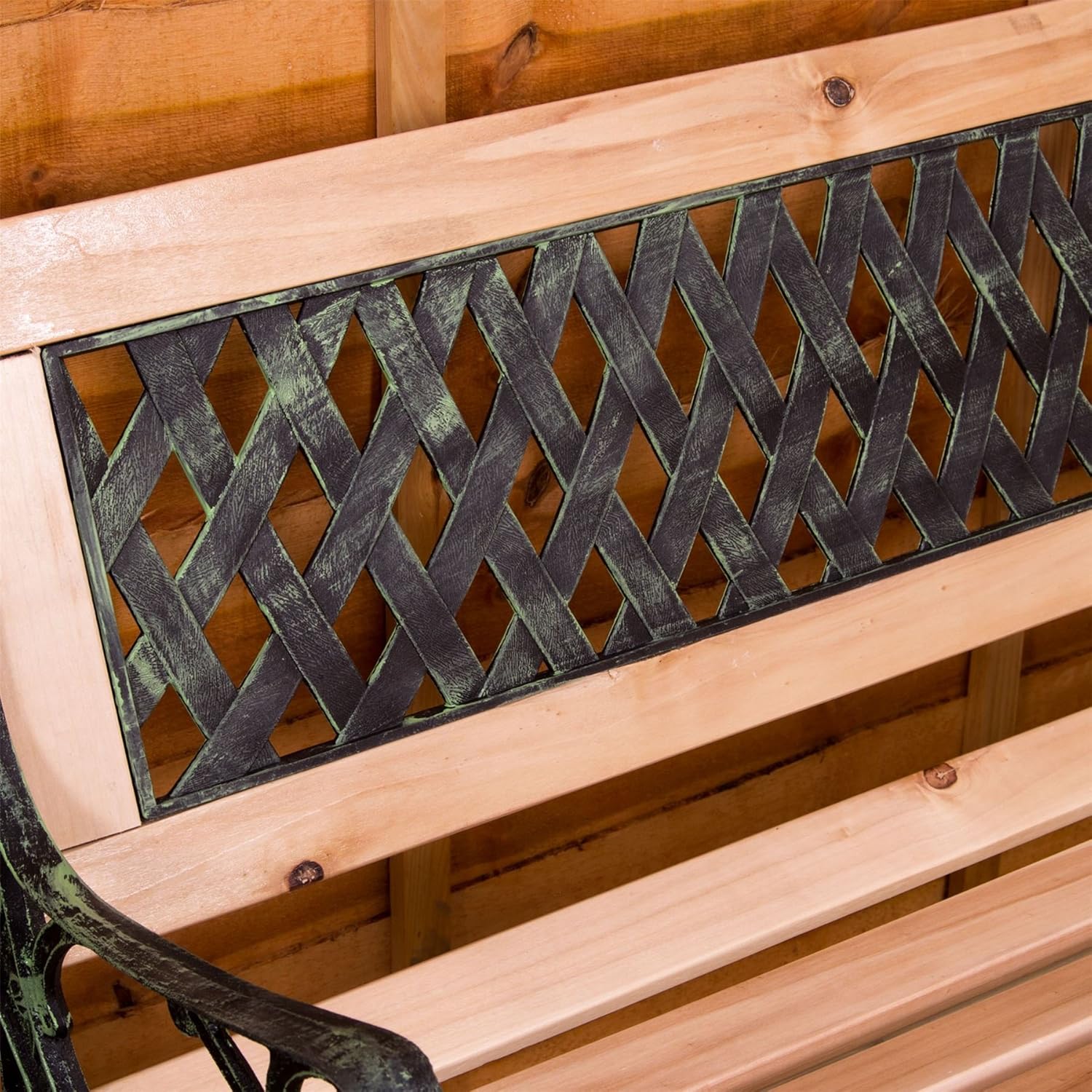 3 Seater Wooden Garden Bench Cast Iron Frame Cross Back Patio Seat