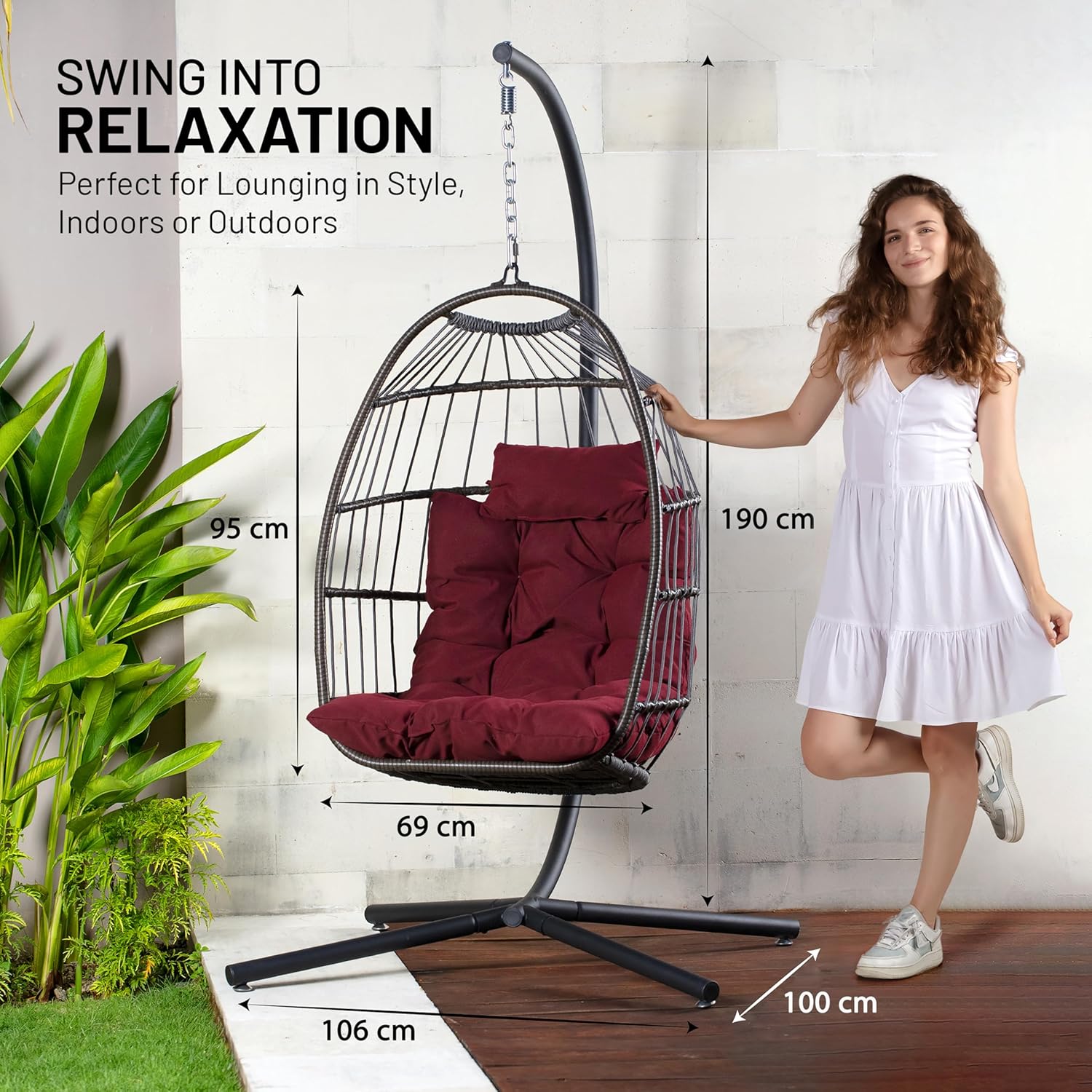 Foldable Rattan Egg Chair with Stand Cushion Red