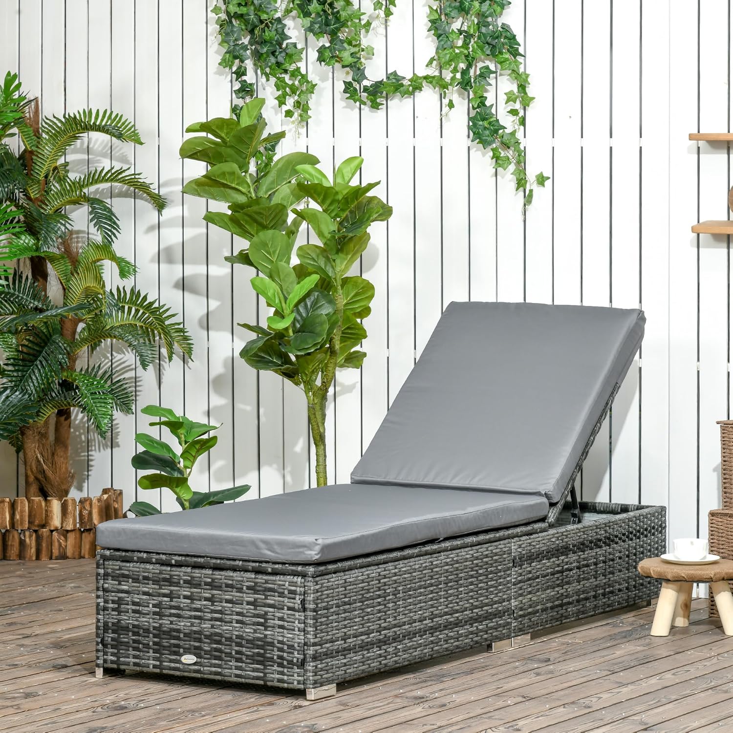 PE Rattan Sun Lounger 5 Position Recliner Cushion Grey