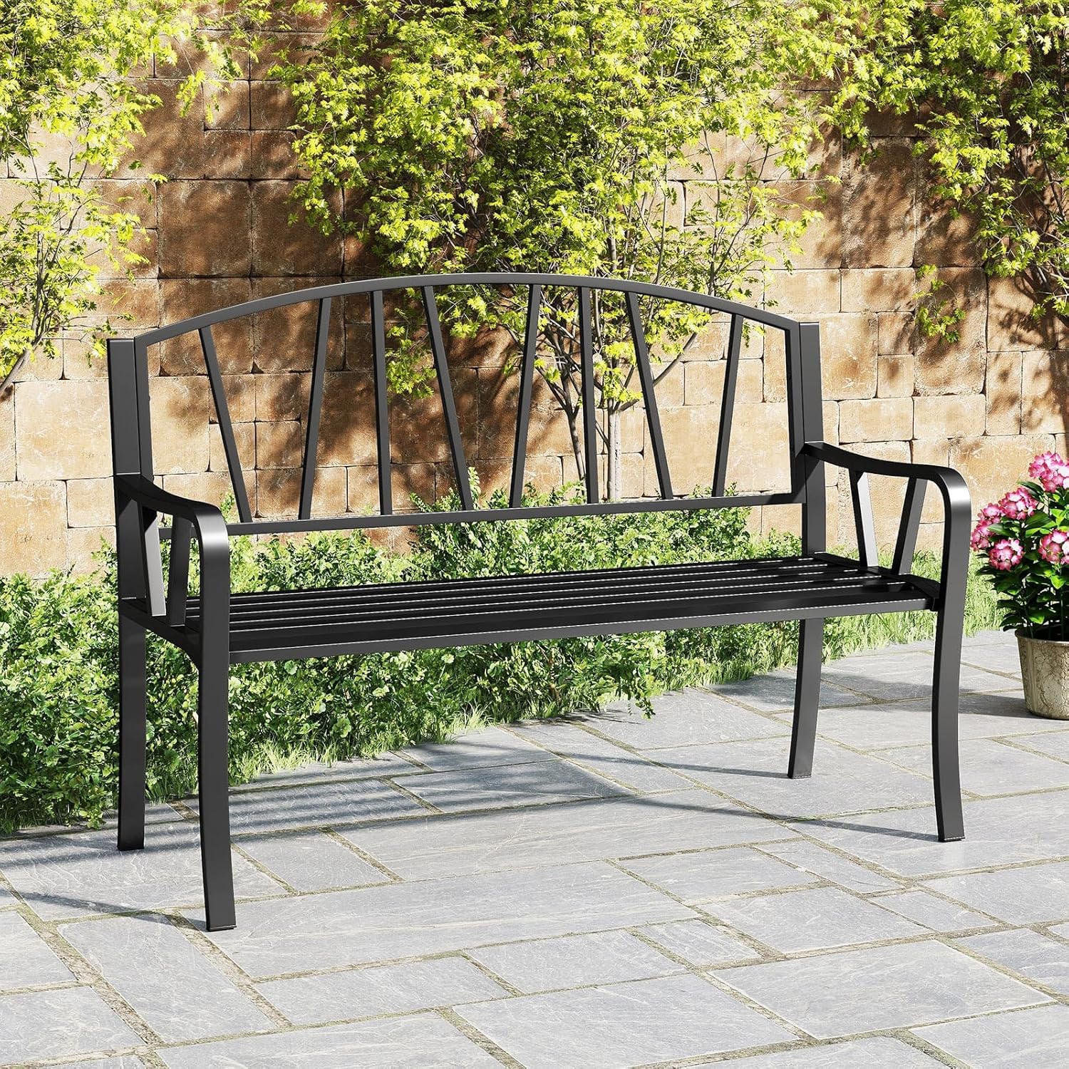 2-3 Seater Outdoor Metal Garden Bench Patio Park Seat Black
