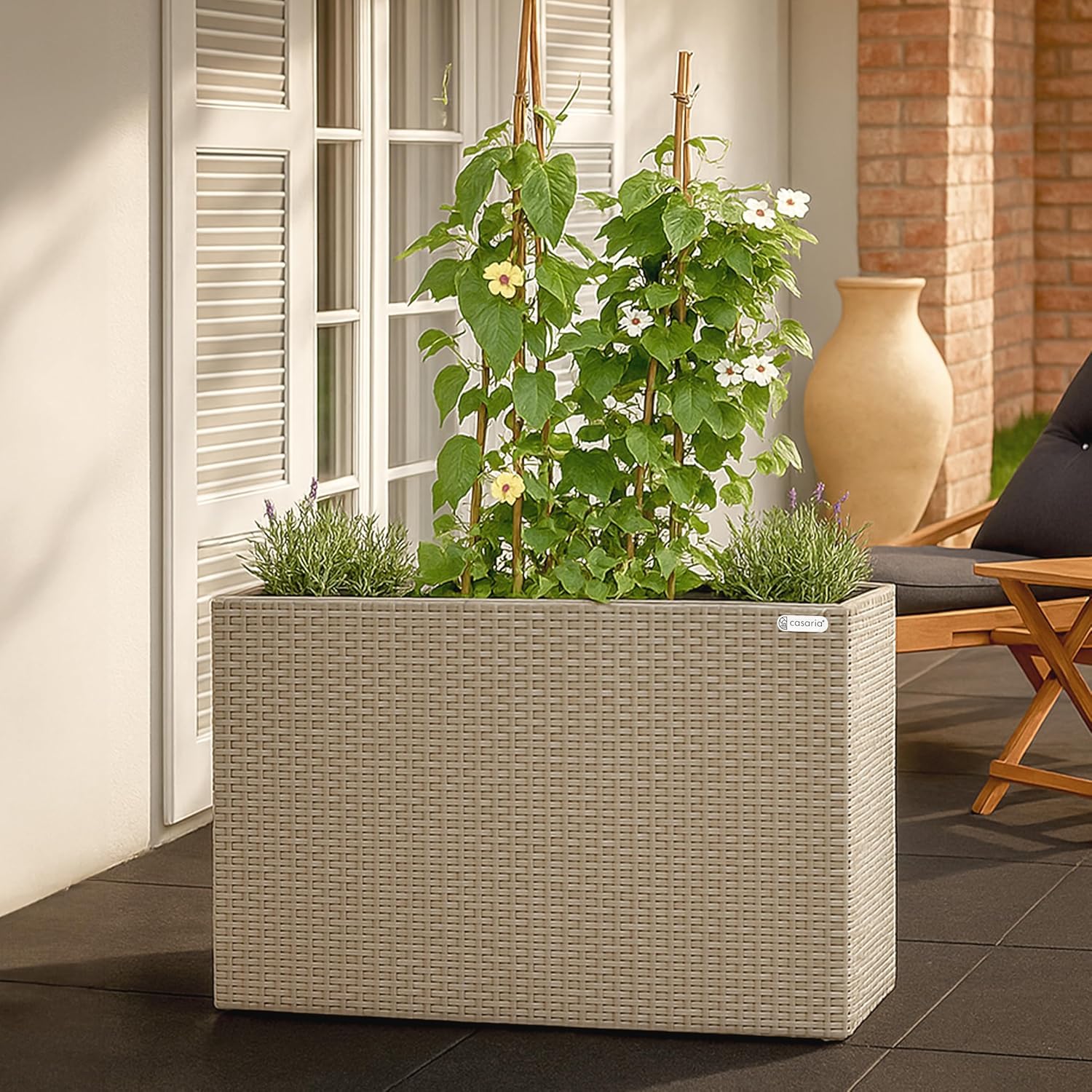 Large Tall Rattan Planter Box 95cm Cream with 4 Inner Pots