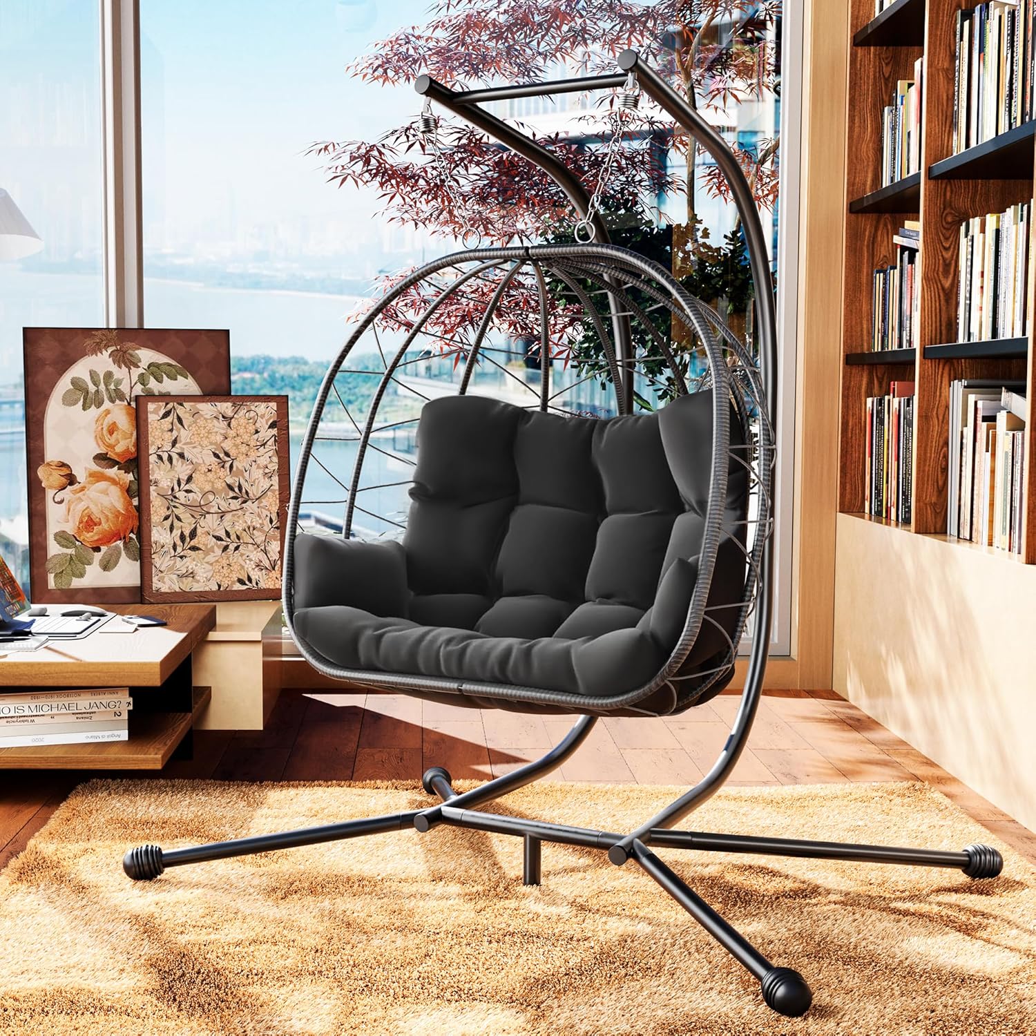 Double Egg Chair with Stand Rattan Swing Seat Grey