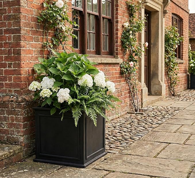 40cm Black Plant Pot Large Fibrestone Planter Indoor Outdoor