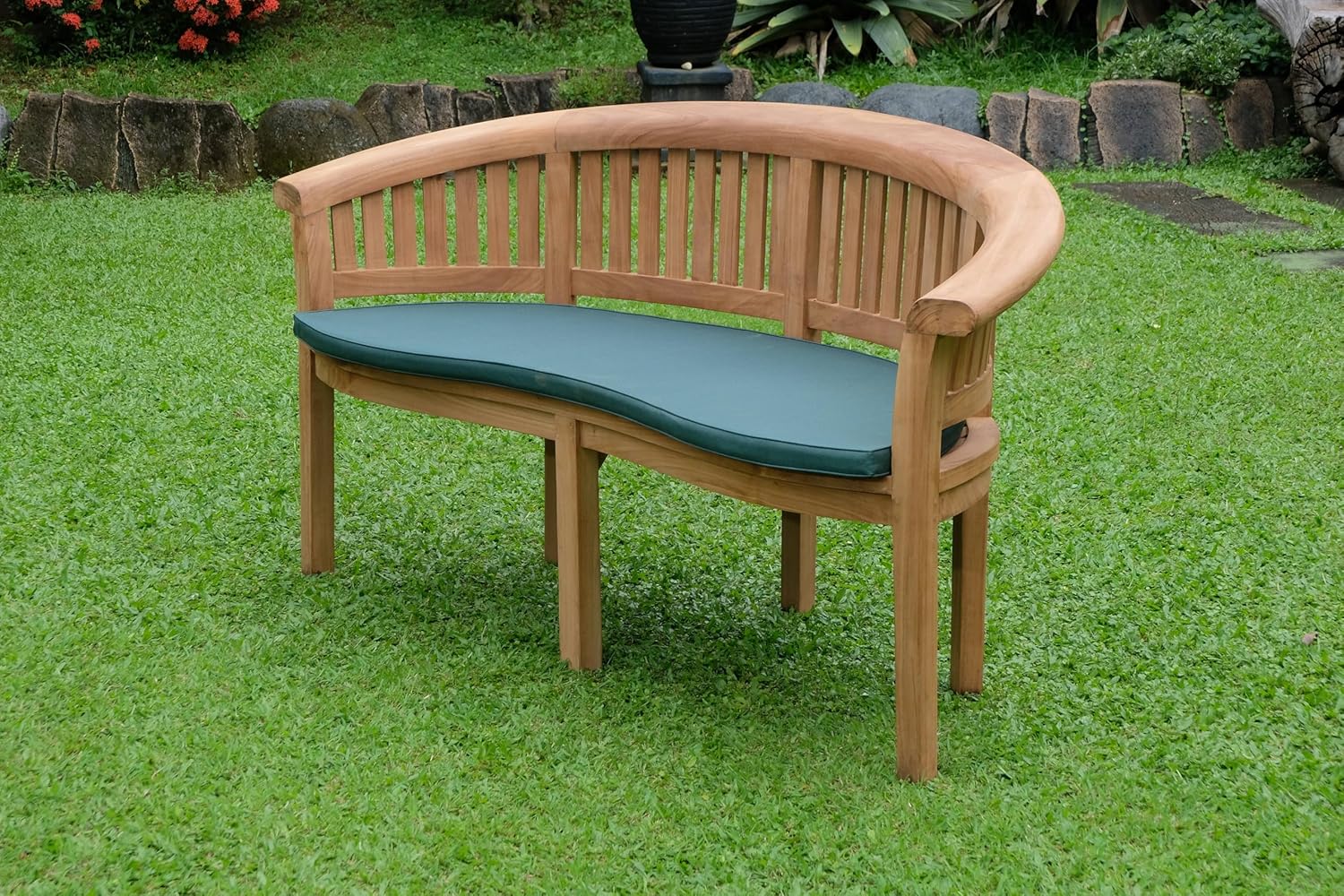 Extra Thick Teak Wood Banana Garden Bench w/ Green Cushion Patio Seat 168cm