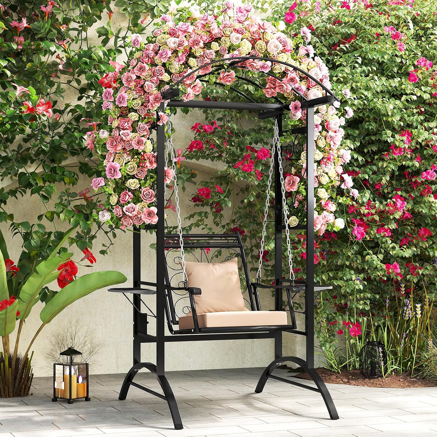 Porch Swing with Stand Canopy Side Tables Beige Black