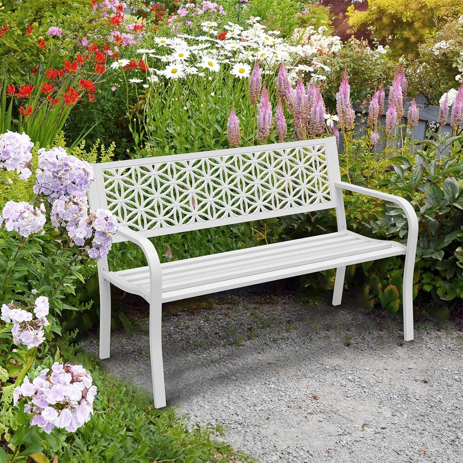 Metal Garden Bench 2-3 Seater Floral Back Outdoor Patio Seat White