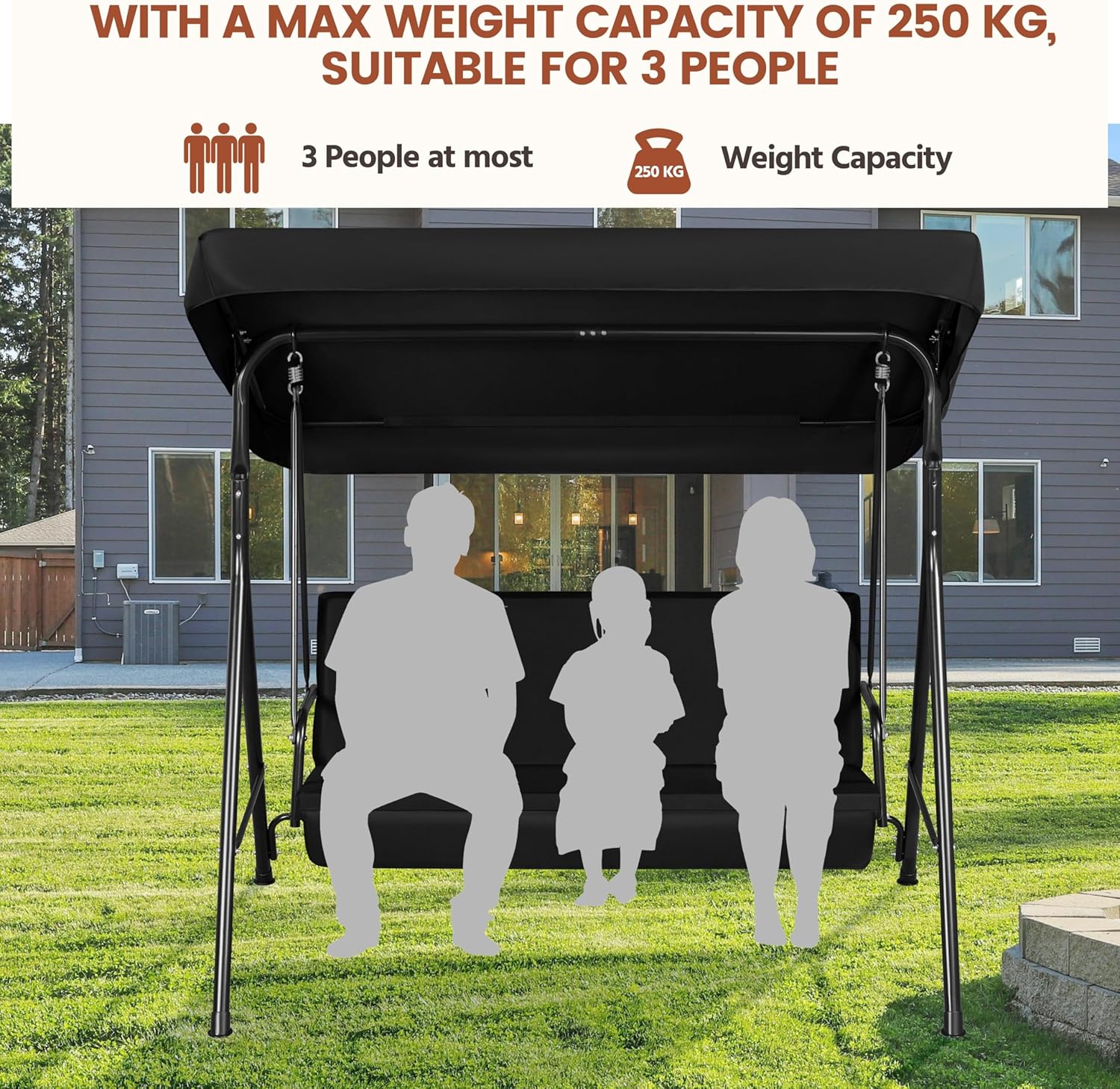 3 Seater Patio Swing Chair Canopy Cushion Black