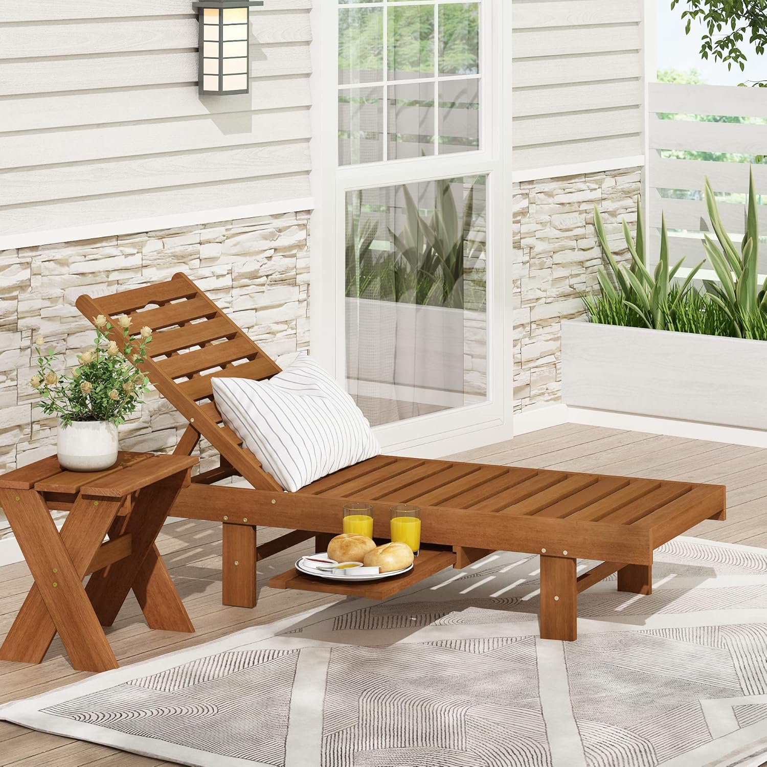Wooden Outdoor Sun Lounger Adjustable Chair with Tray Natural