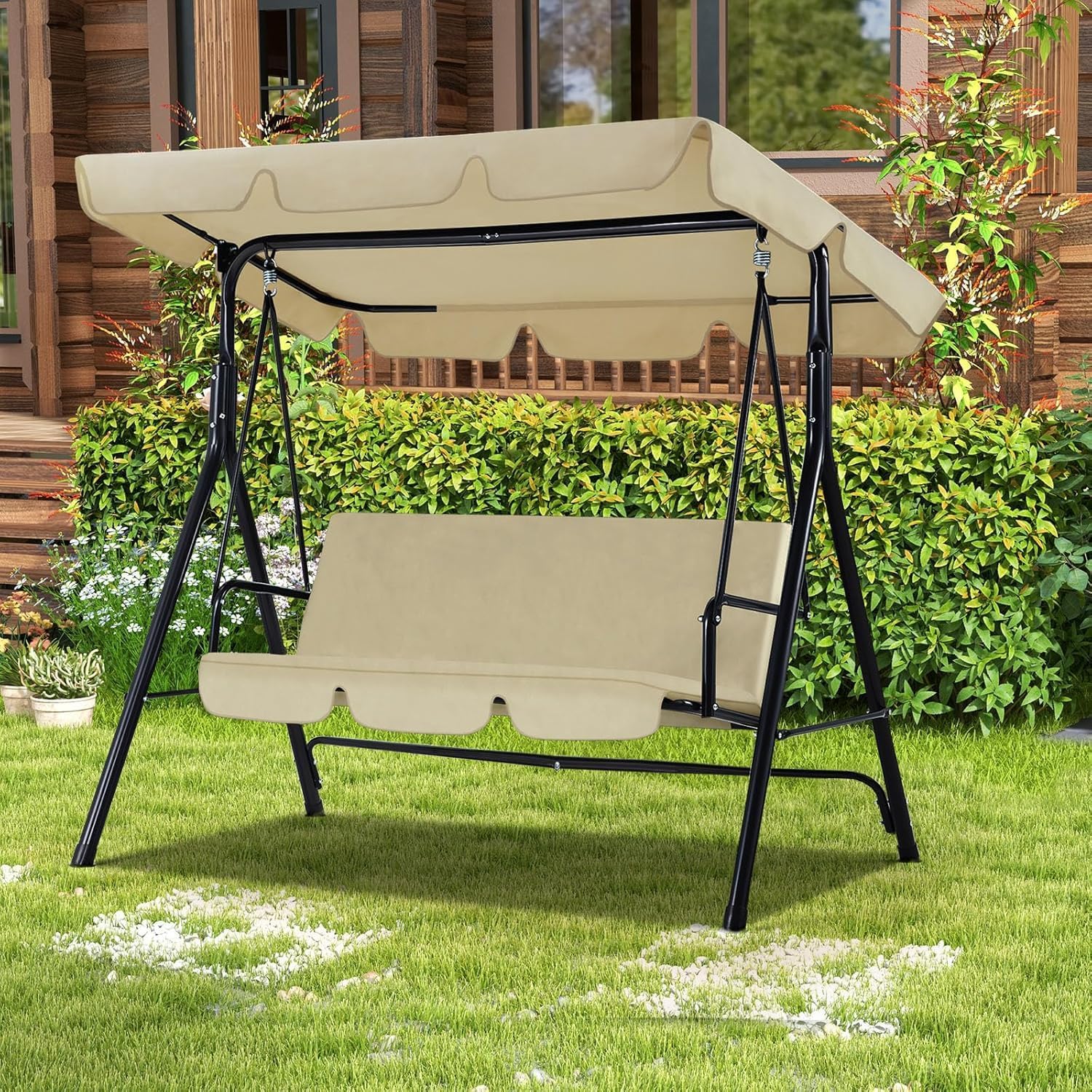 3 Seater Garden Swing Chair with Adjustable Canopy Beige