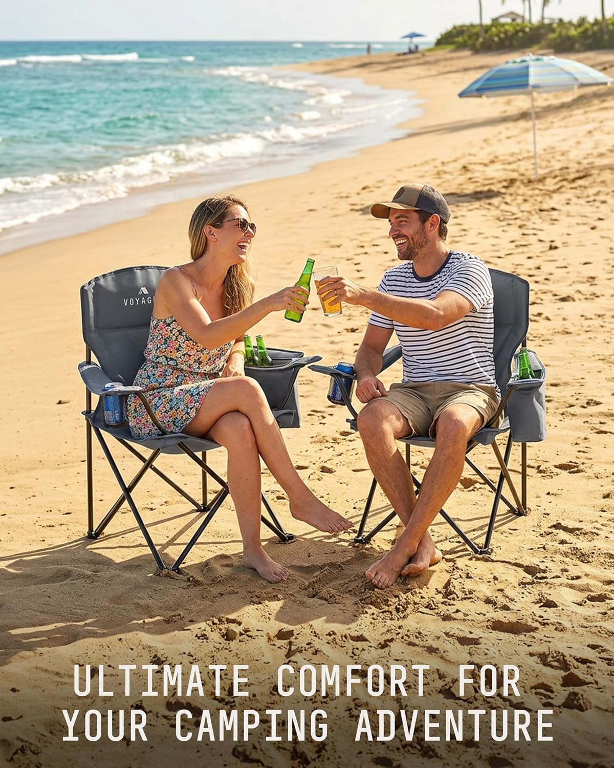 Folding Camping Chairs 2 Pack Cooler Bag Grey Portable