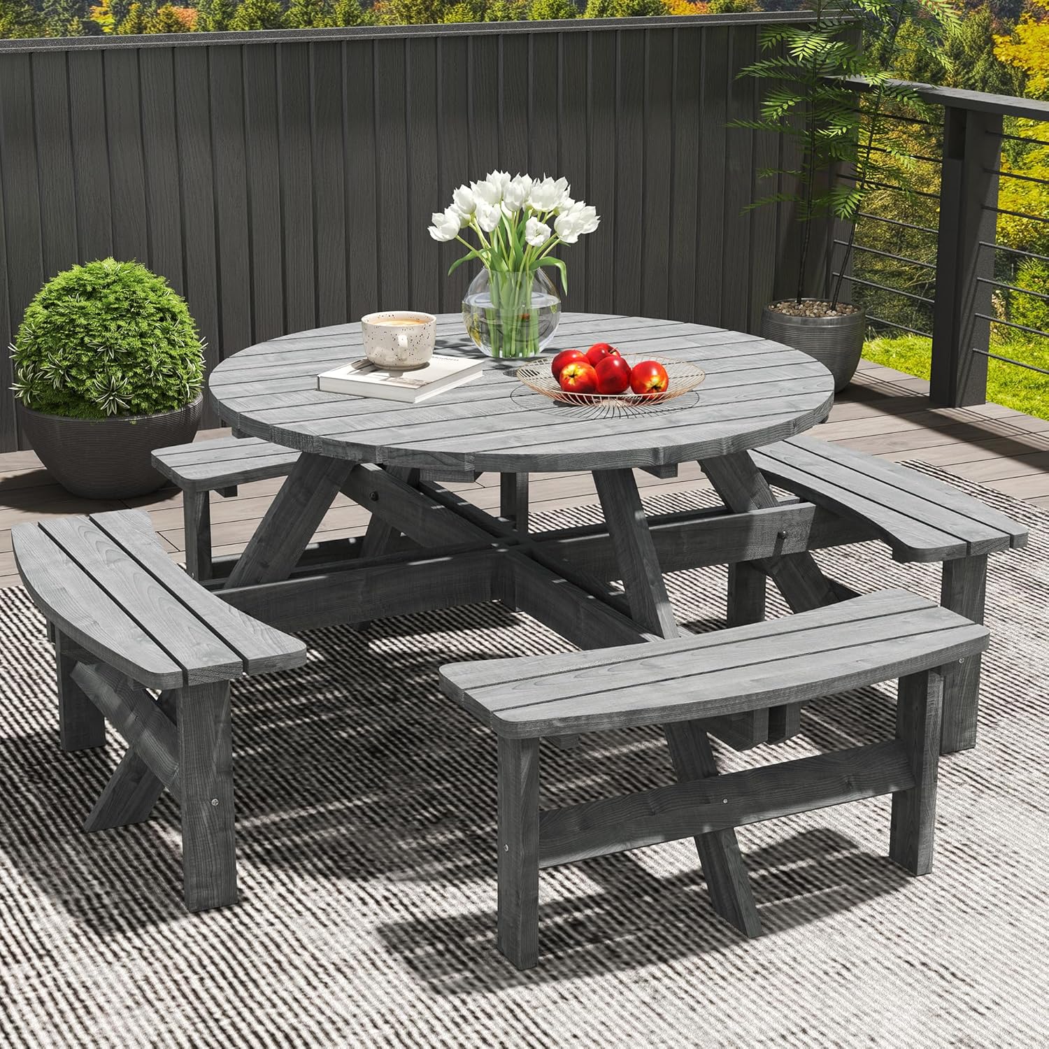 8 Seater Round Wooden Picnic Table Bench Set Patio w/Parasol Hole