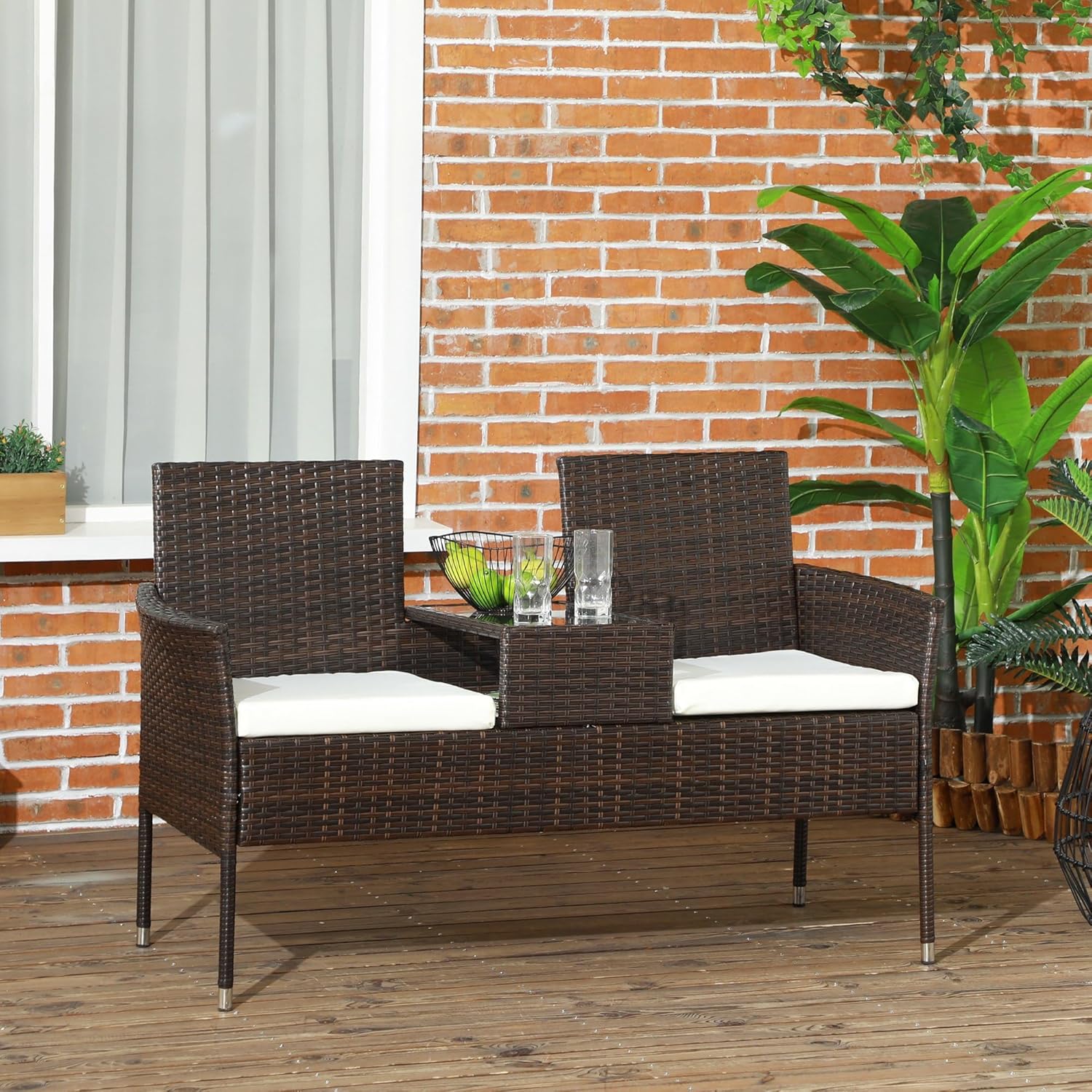 2 Seater Rattan Garden Bench with Glass Table Patio Love Seat