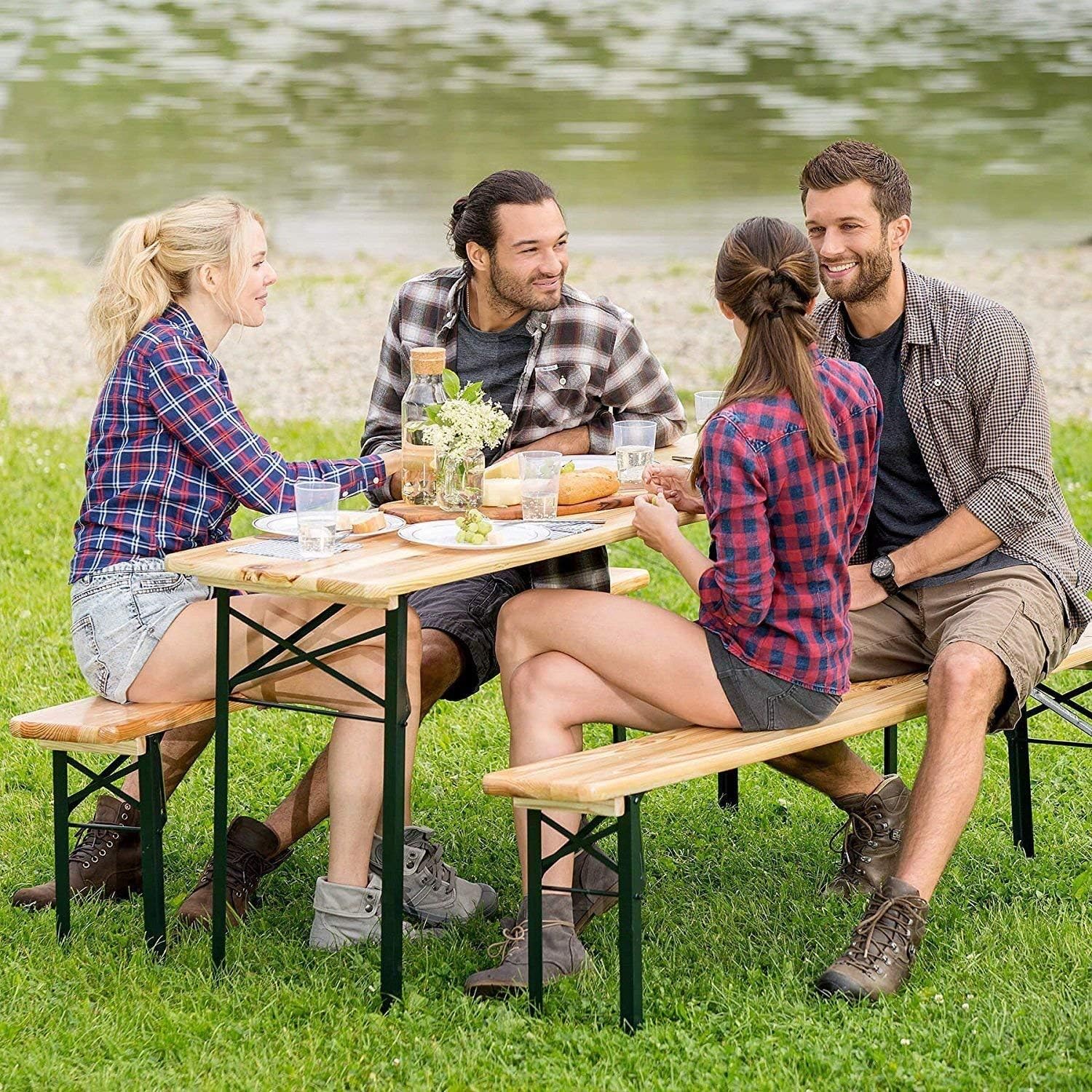 3pc Folding Wooden Picnic Table Bench Set Garden BBQ