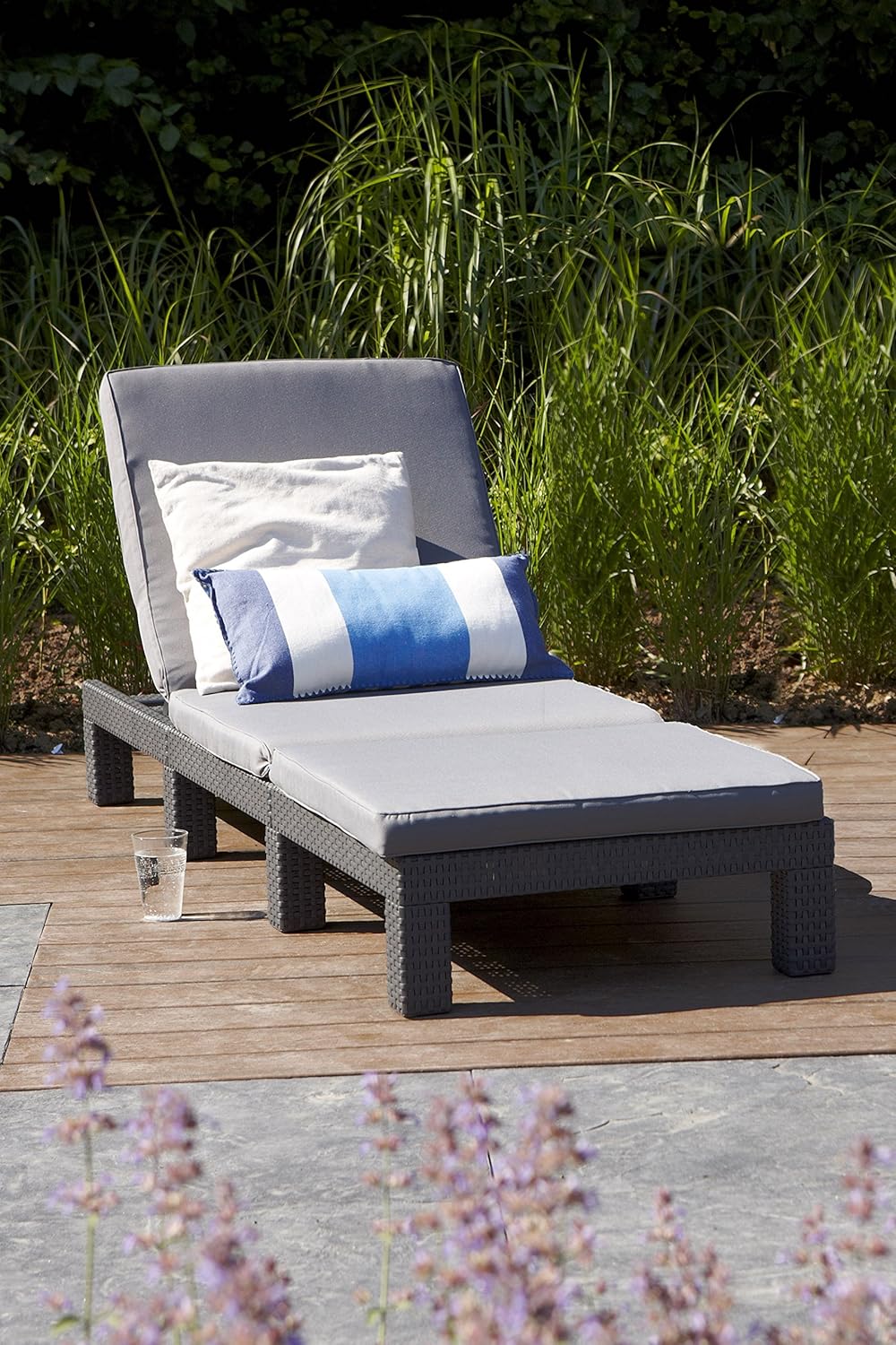 Rattan Effect Sun Lounger Adjustable Headrest Cushion Grey