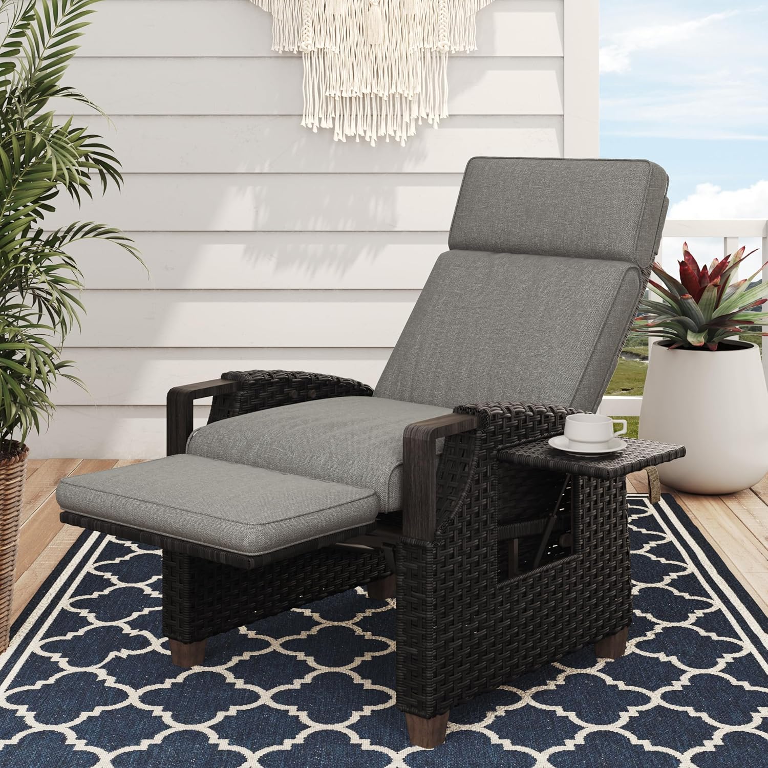 Rattan Recliner Sun Lounger Chair with Flip Table Grey