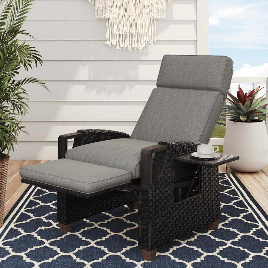 Rattan Recliner Sun Lounger Chair with Flip Table Grey