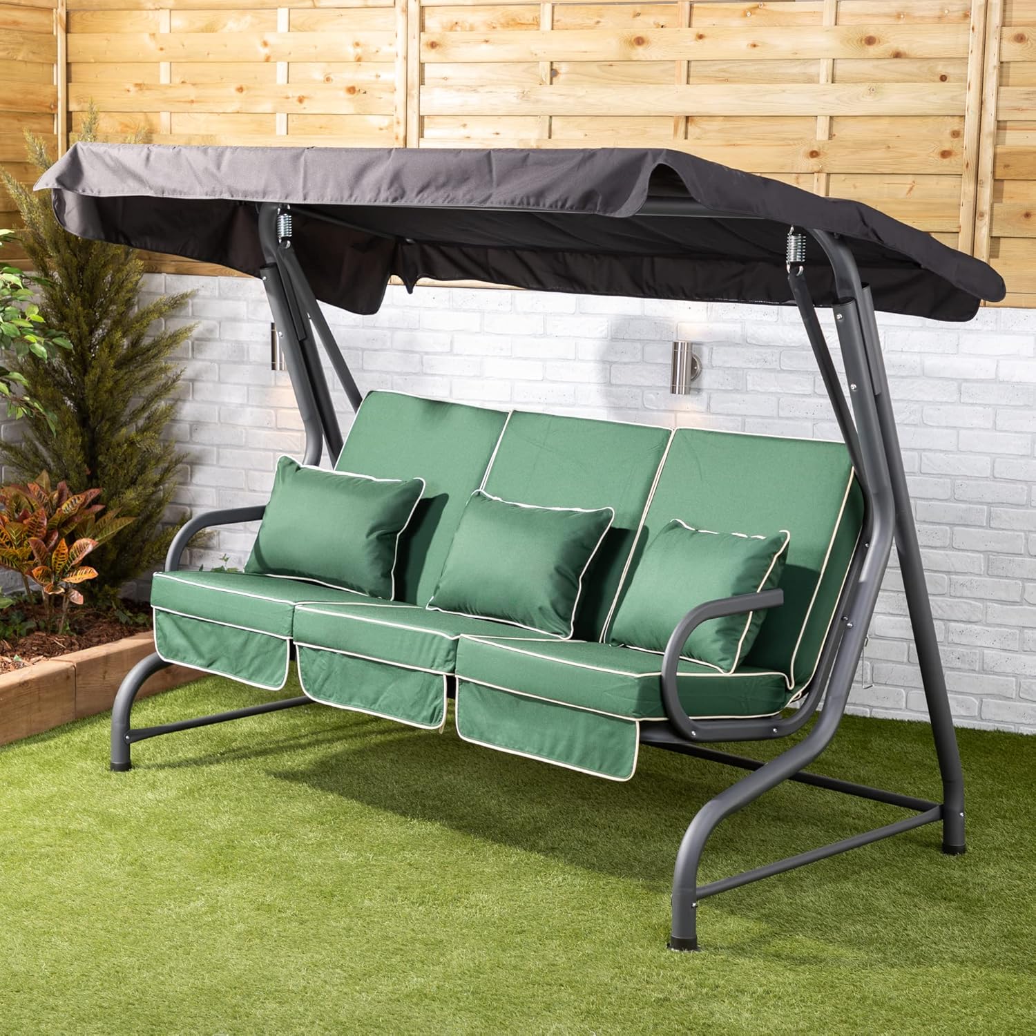 3 Seater Garden Swing Seat Green Canopy Cushions Heavy Duty 250kg