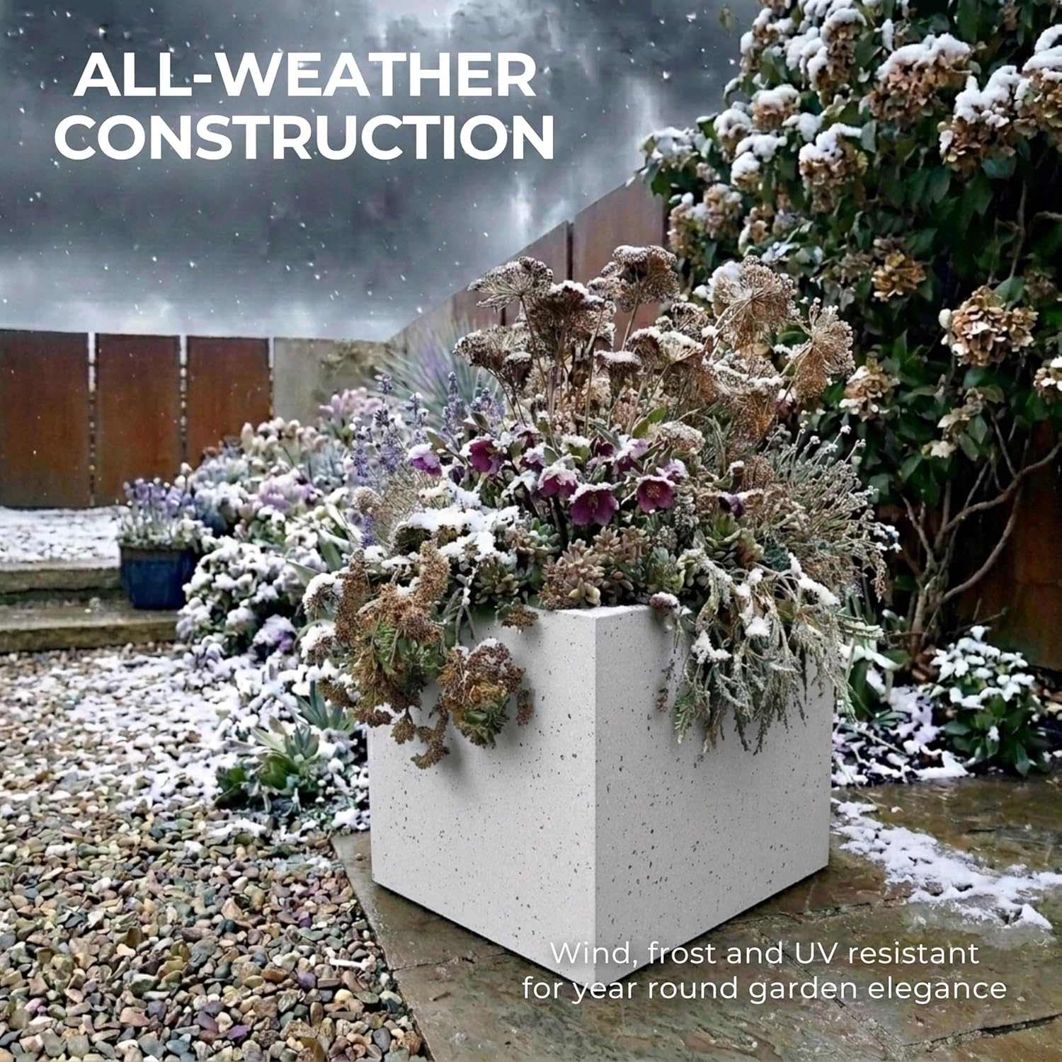 Large Square Garden Planter 40cm Stone Effect Pot Grey Drainage