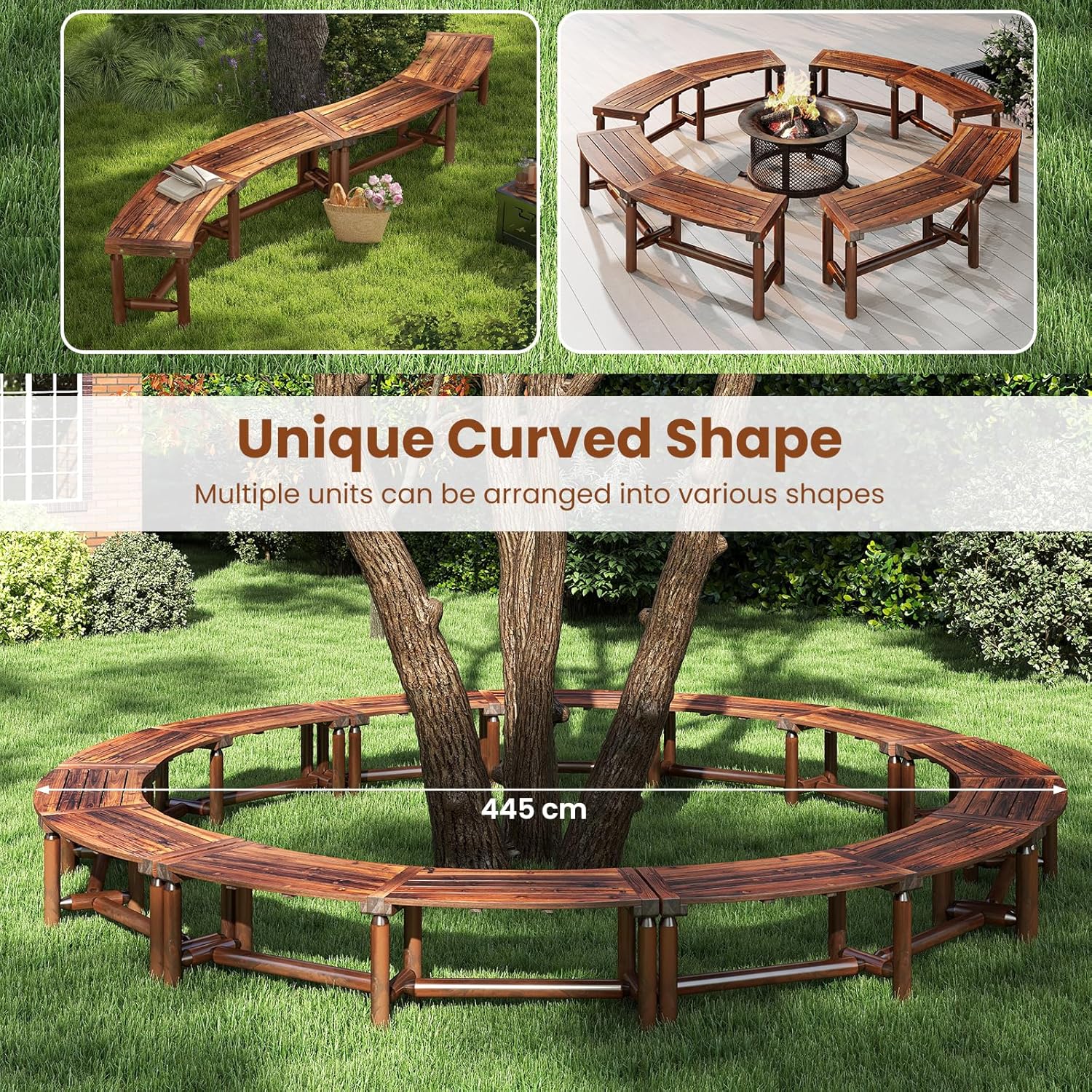 Curved Wooden Garden Bench 170cm Outdoor Patio Park Bench Seat 3 Seater