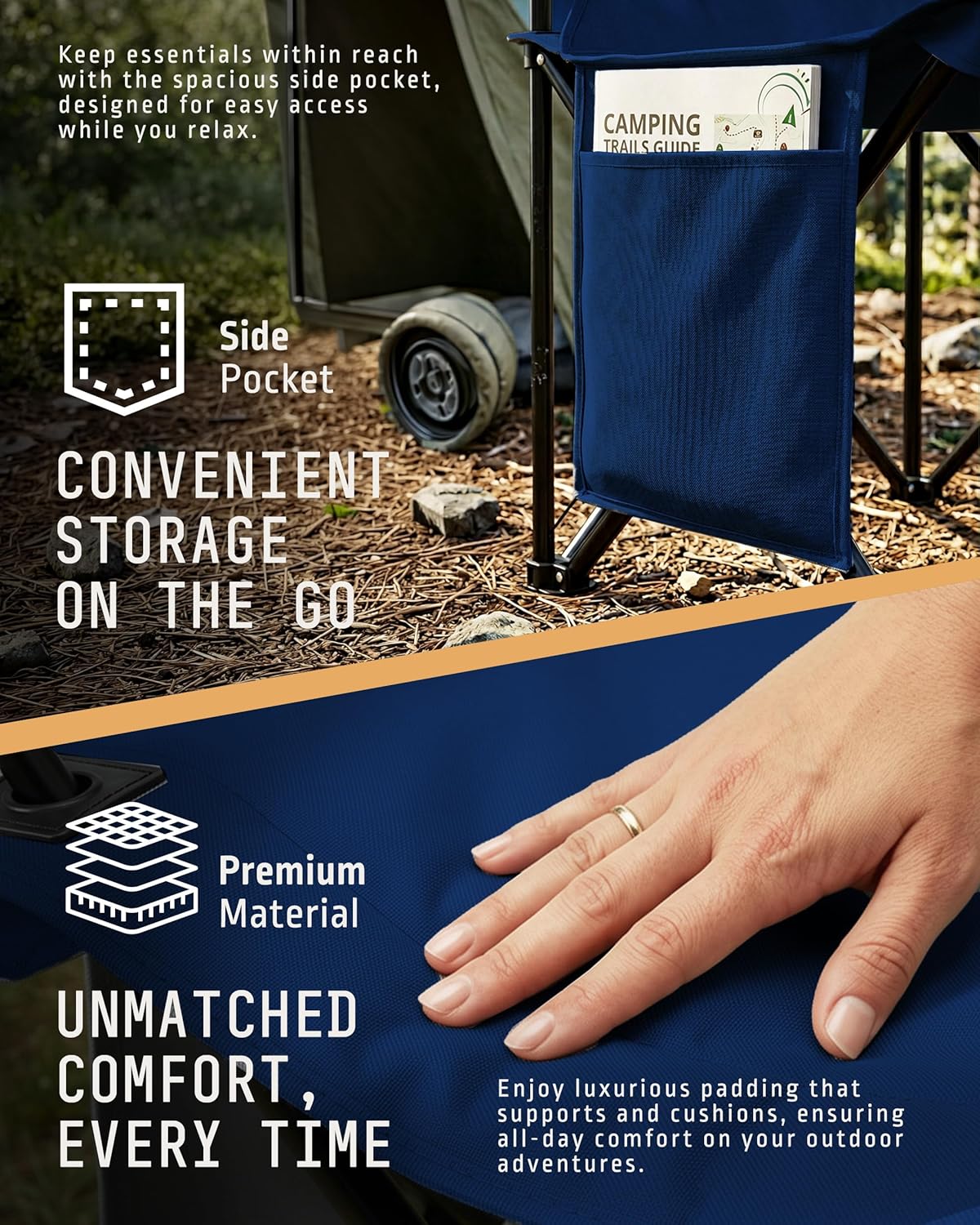 Folding Camping Chair 2 Pack Pocket Cup Holder Navy