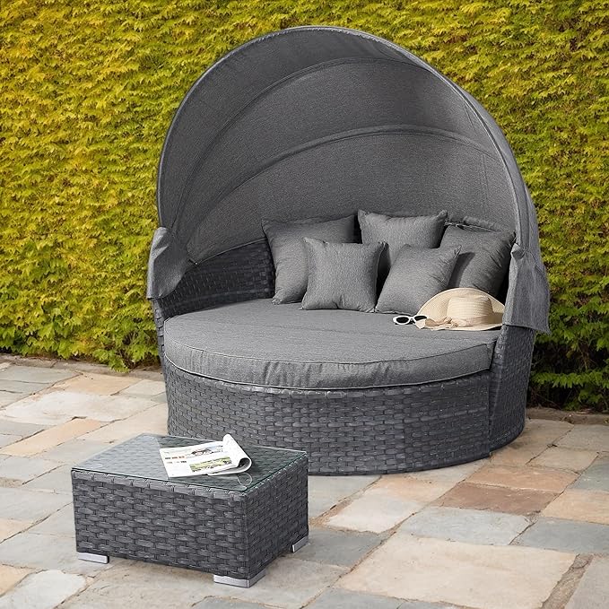 Rattan Garden Daybed with Canopy Queen Lounger Grey