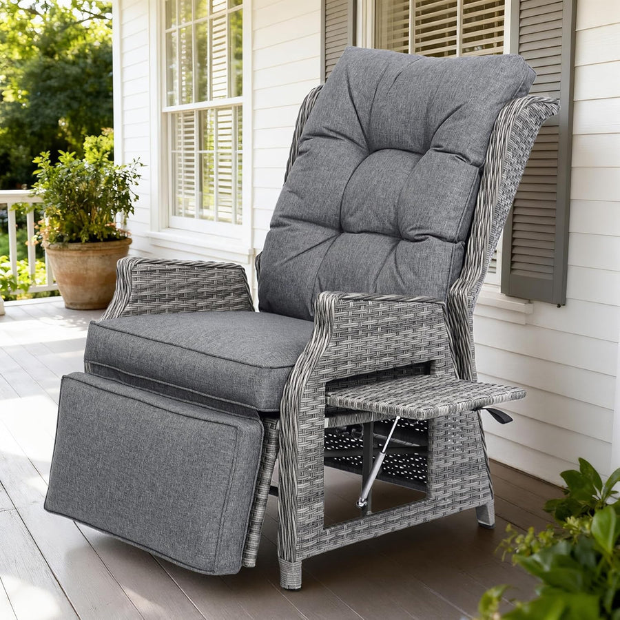 Rattan Reclining Sun Lounger Chair with Cushion Table Grey