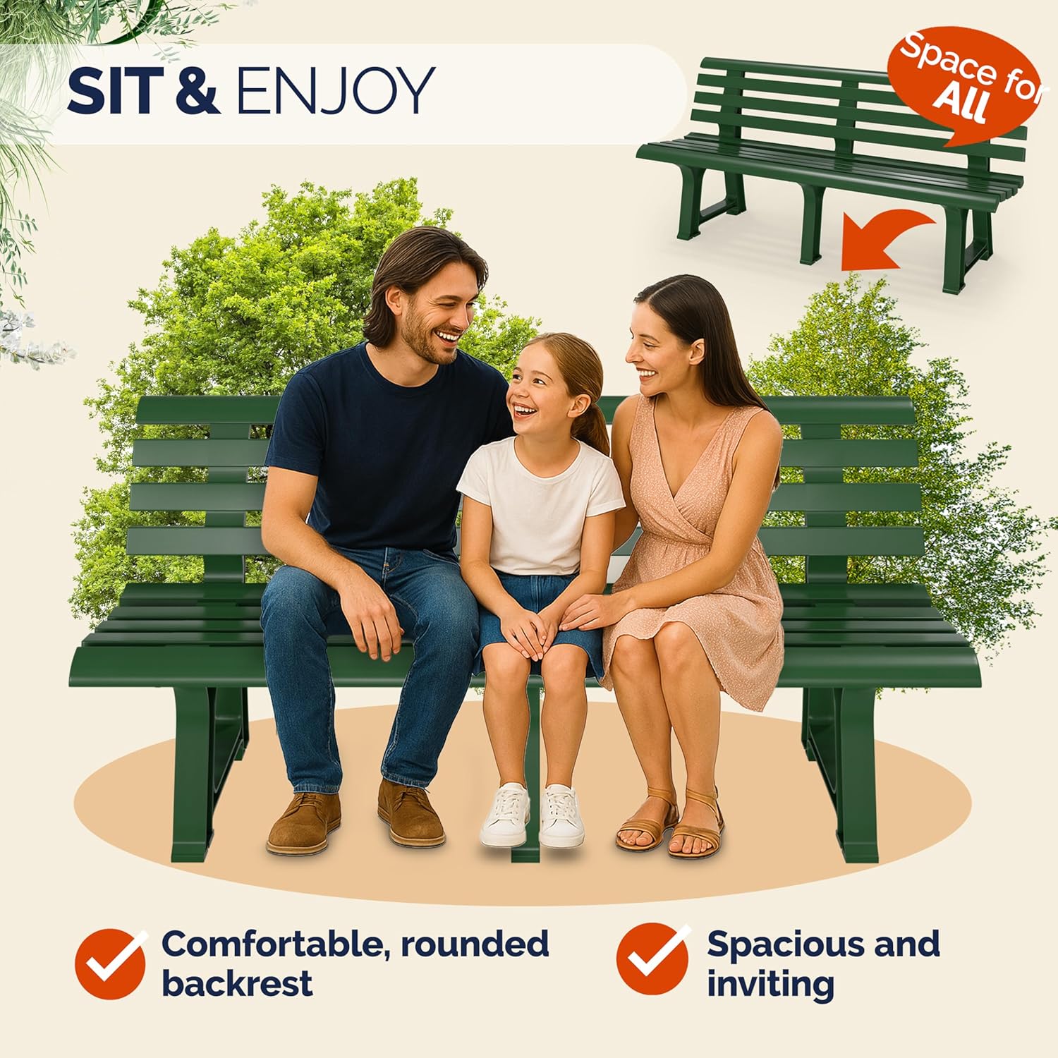 3 Seater Outdoor Plastic Garden Bench Patio Deck Seat Green