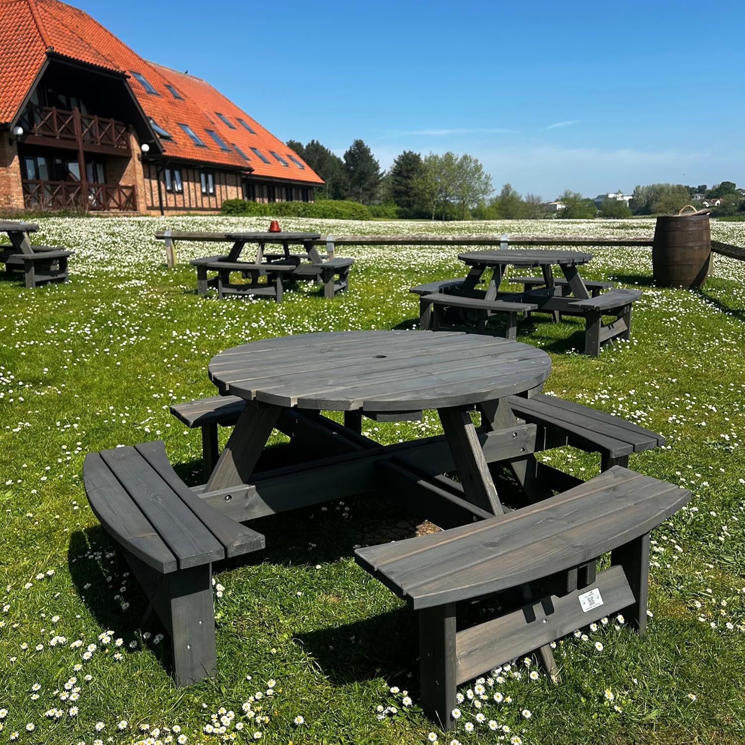 8 Seater Round Wooden Picnic Table with Benches Parasol Hole 180cm