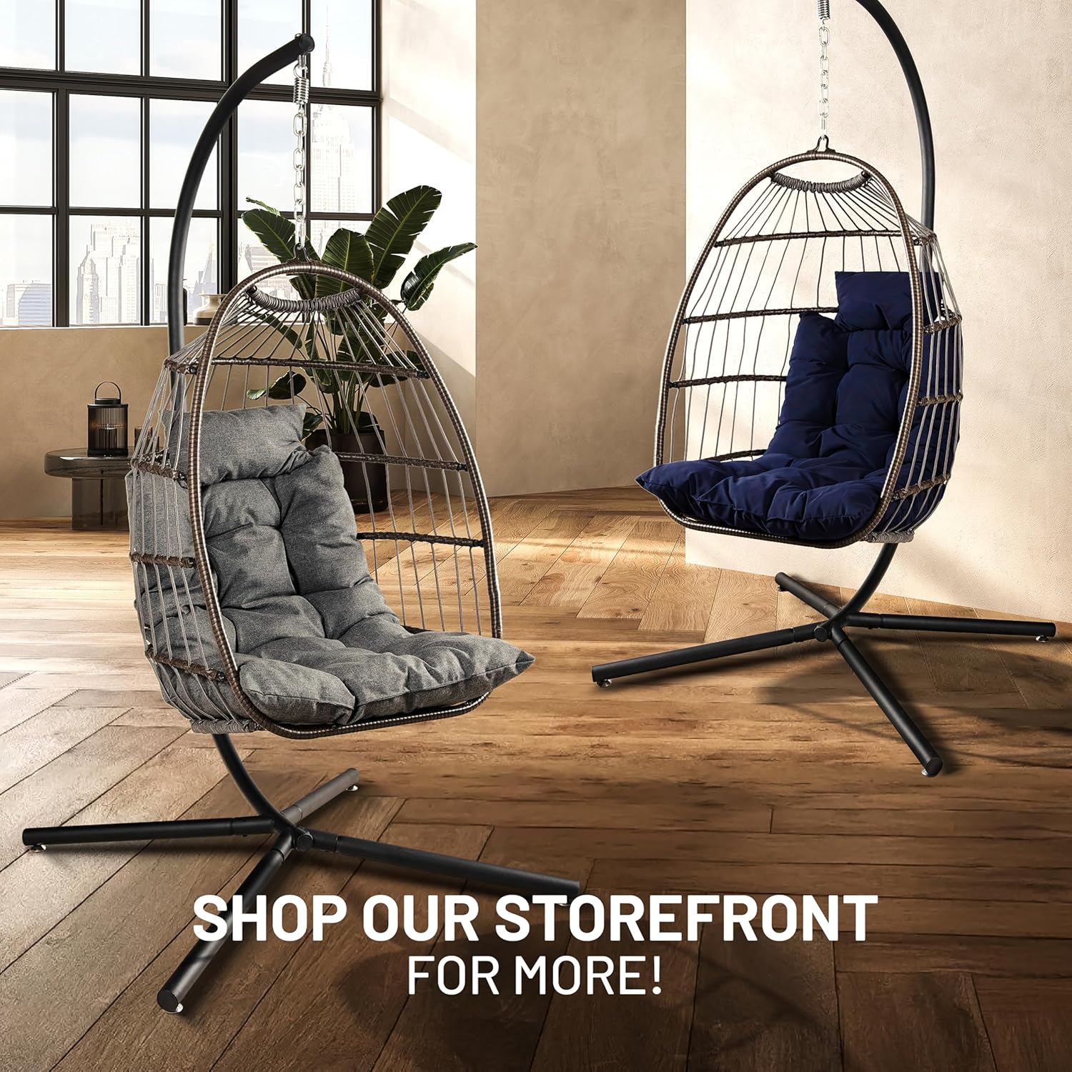 Foldable Egg Chair with Stand Rattan Hanging Swing Deep Blue