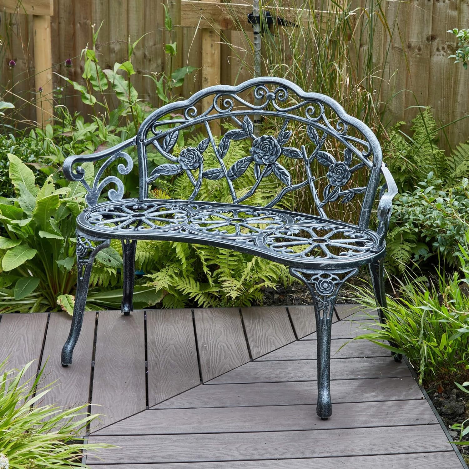2 Seater Cast Iron Garden Bench Rose Design Patio Seat Grey