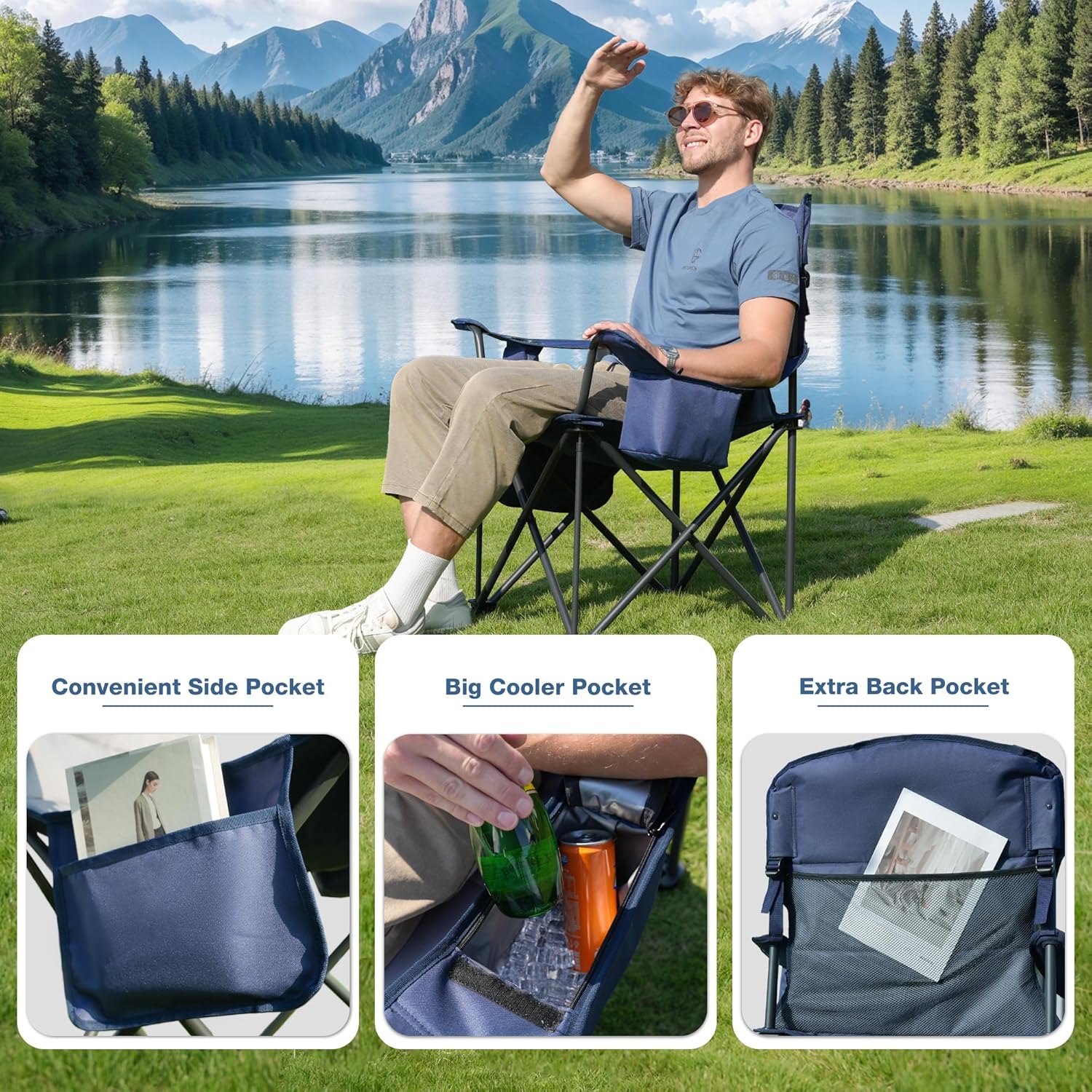 Oversized Camping Chair Heavy Duty 200KG Cooler Blue