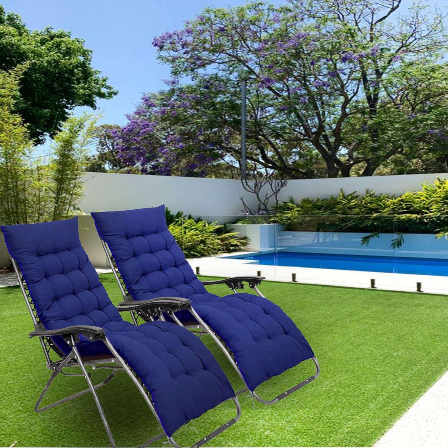 Set of 2 Zero Gravity Reclining Chairs Blue Cushions
