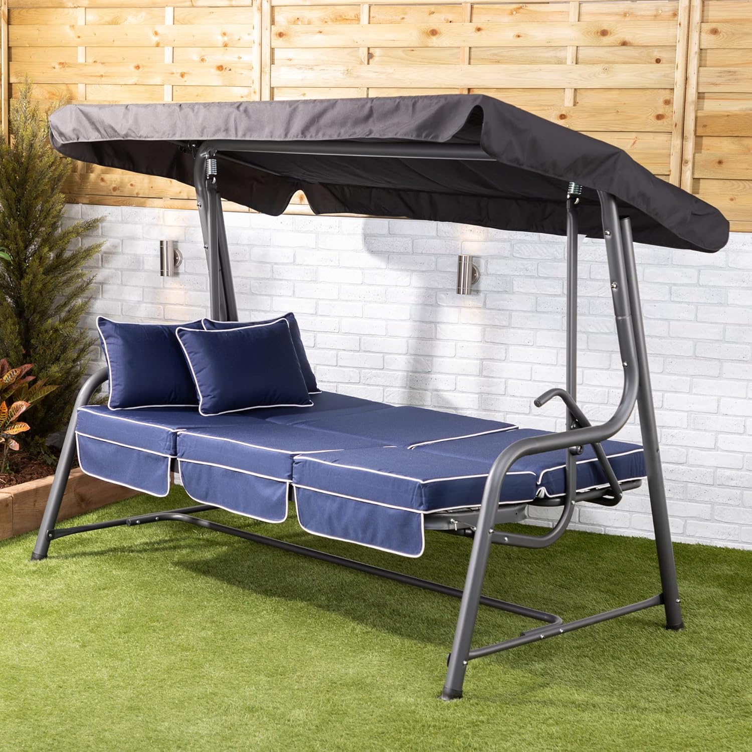 3 Seater Reclining Garden Swing Bed Navy Canopy Cushions 250kg