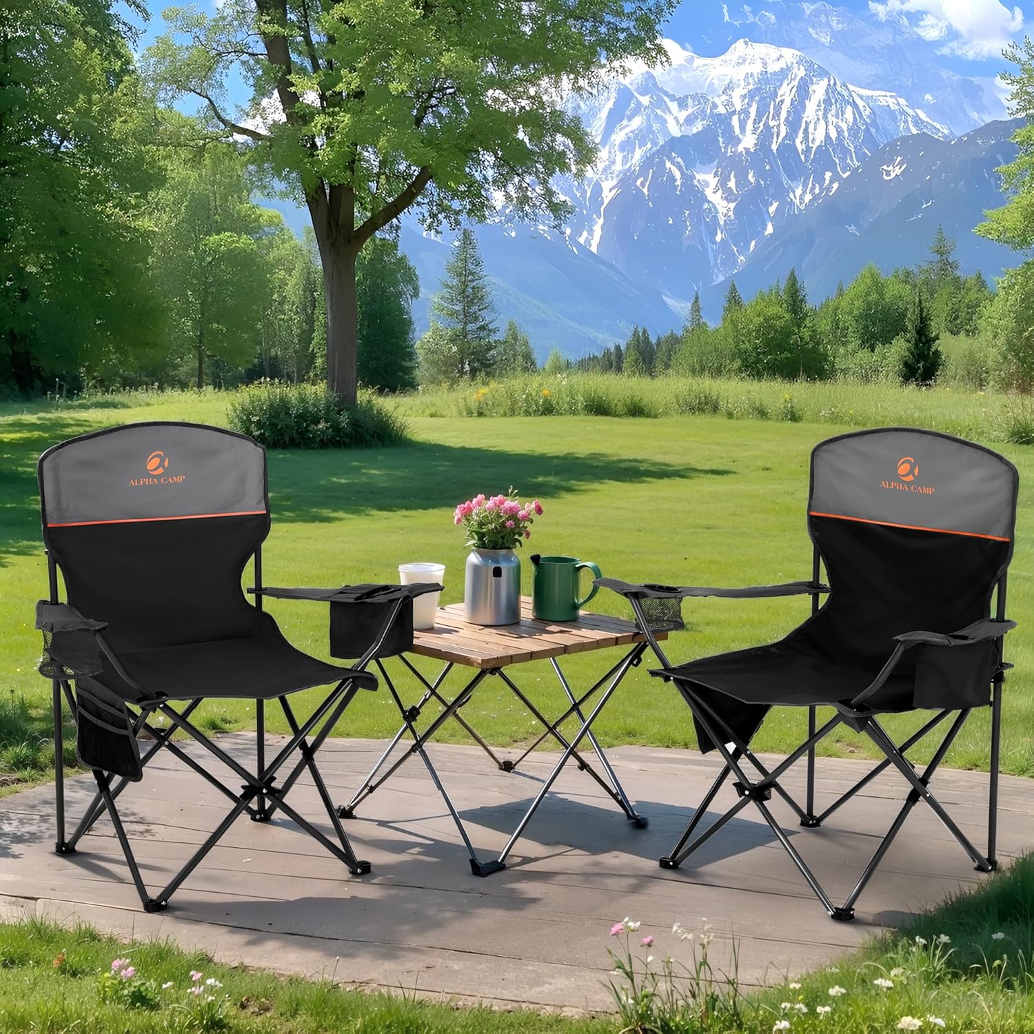 Set of 2 Folding Camping Chairs Cooler Bag Black