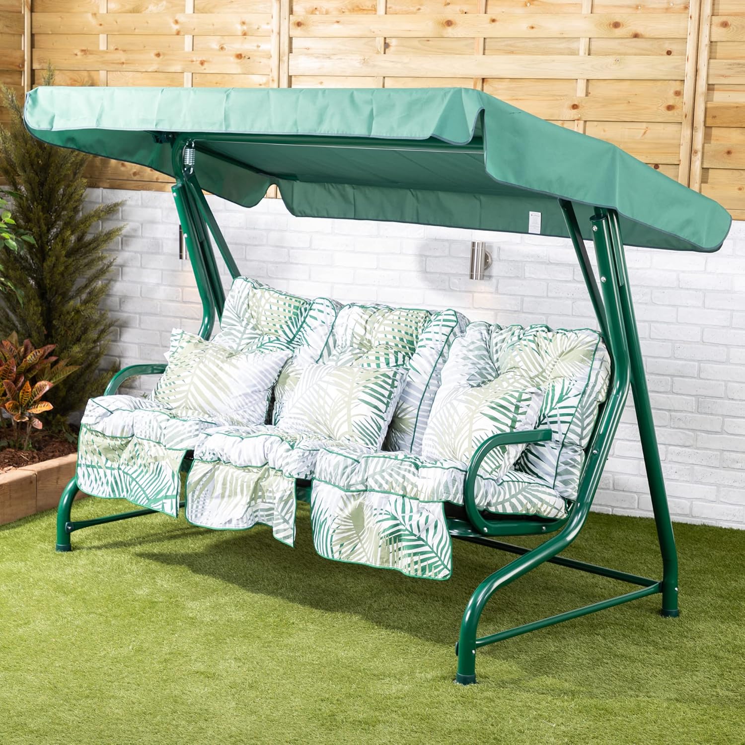 3 Seater Garden Swing Seat Bamboo Leaf Canopy Cushions 250kg