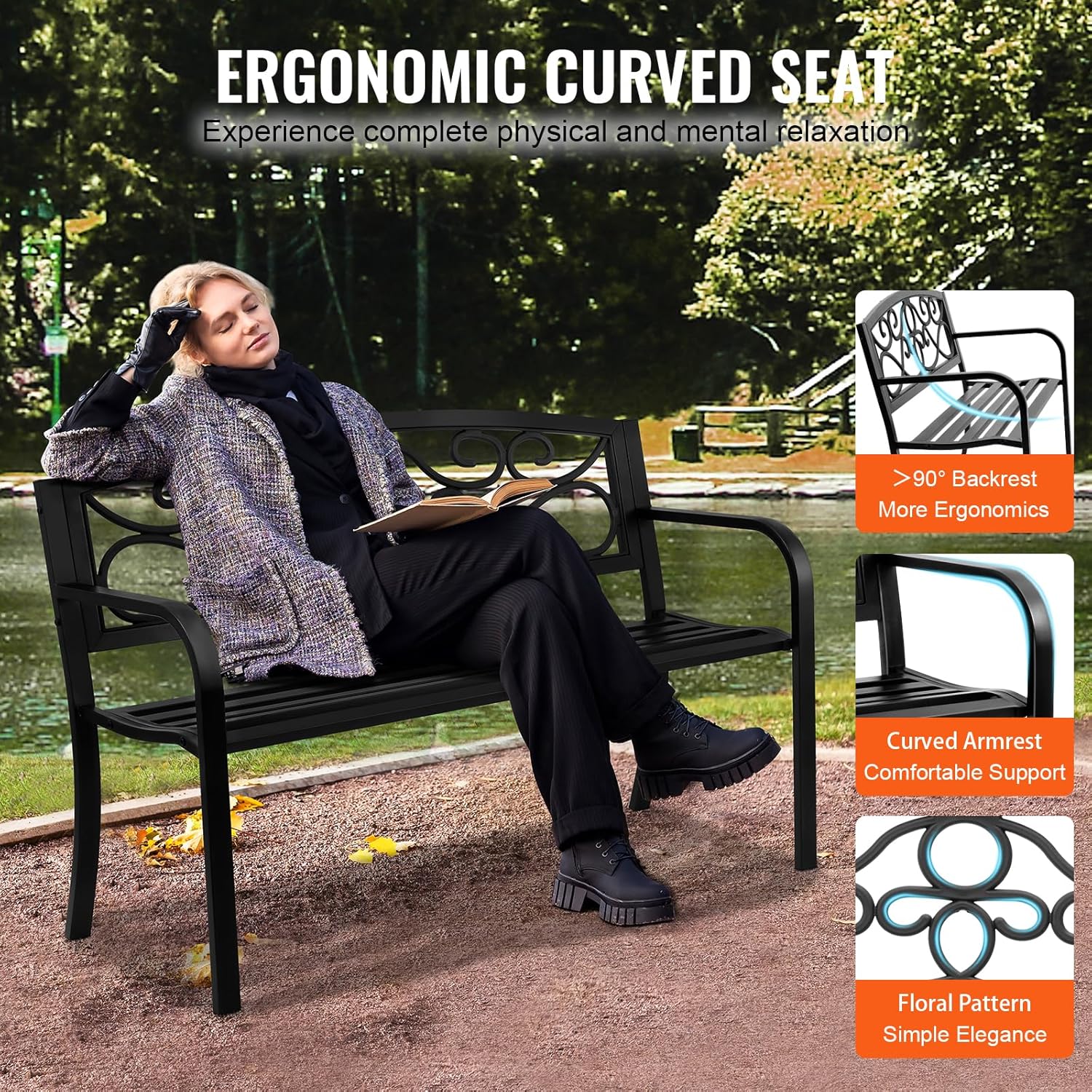 Metal Garden Bench 50in Outdoor Patio Seat with Backrest Armrests