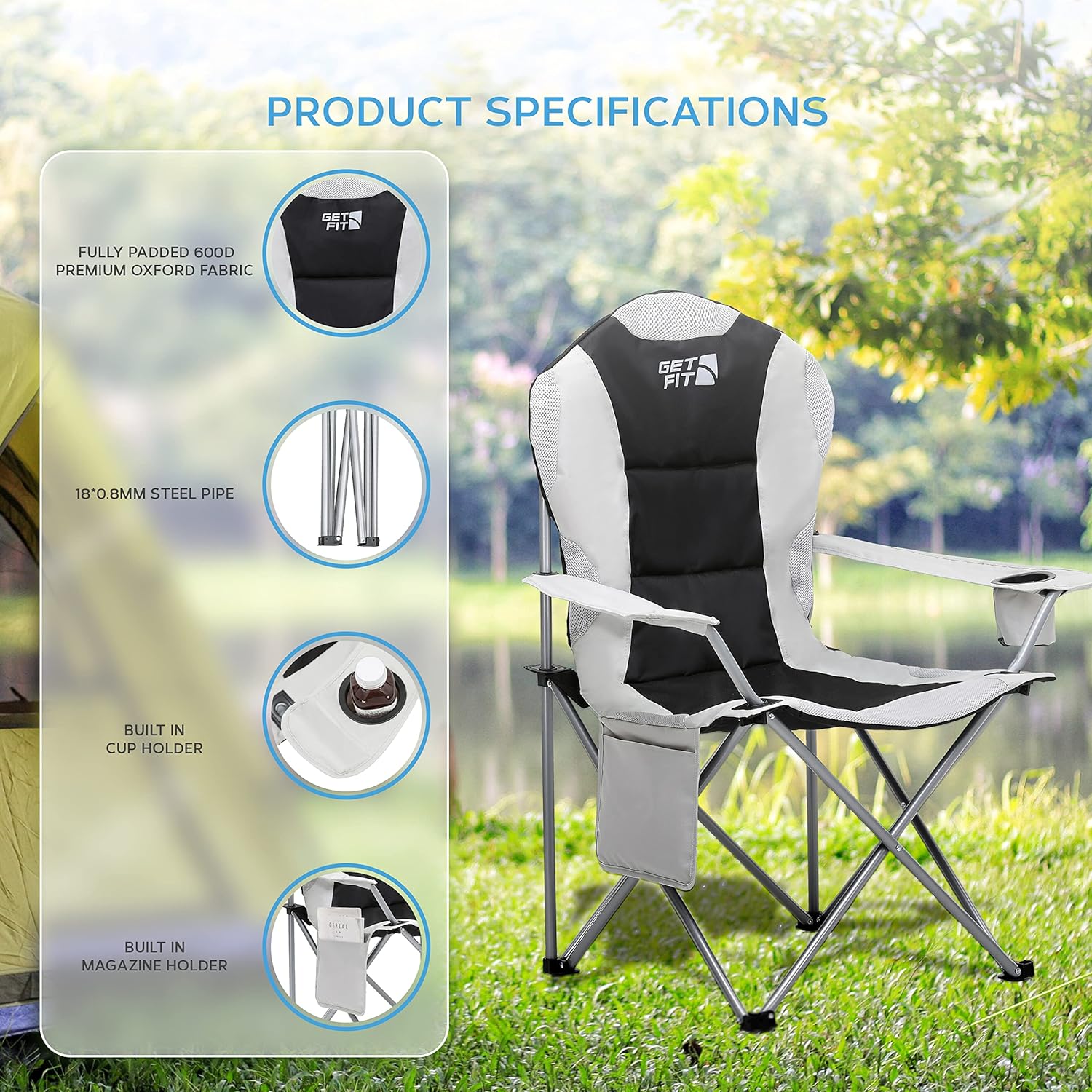 Set of 2 Padded Camping Chairs 130KG Grey