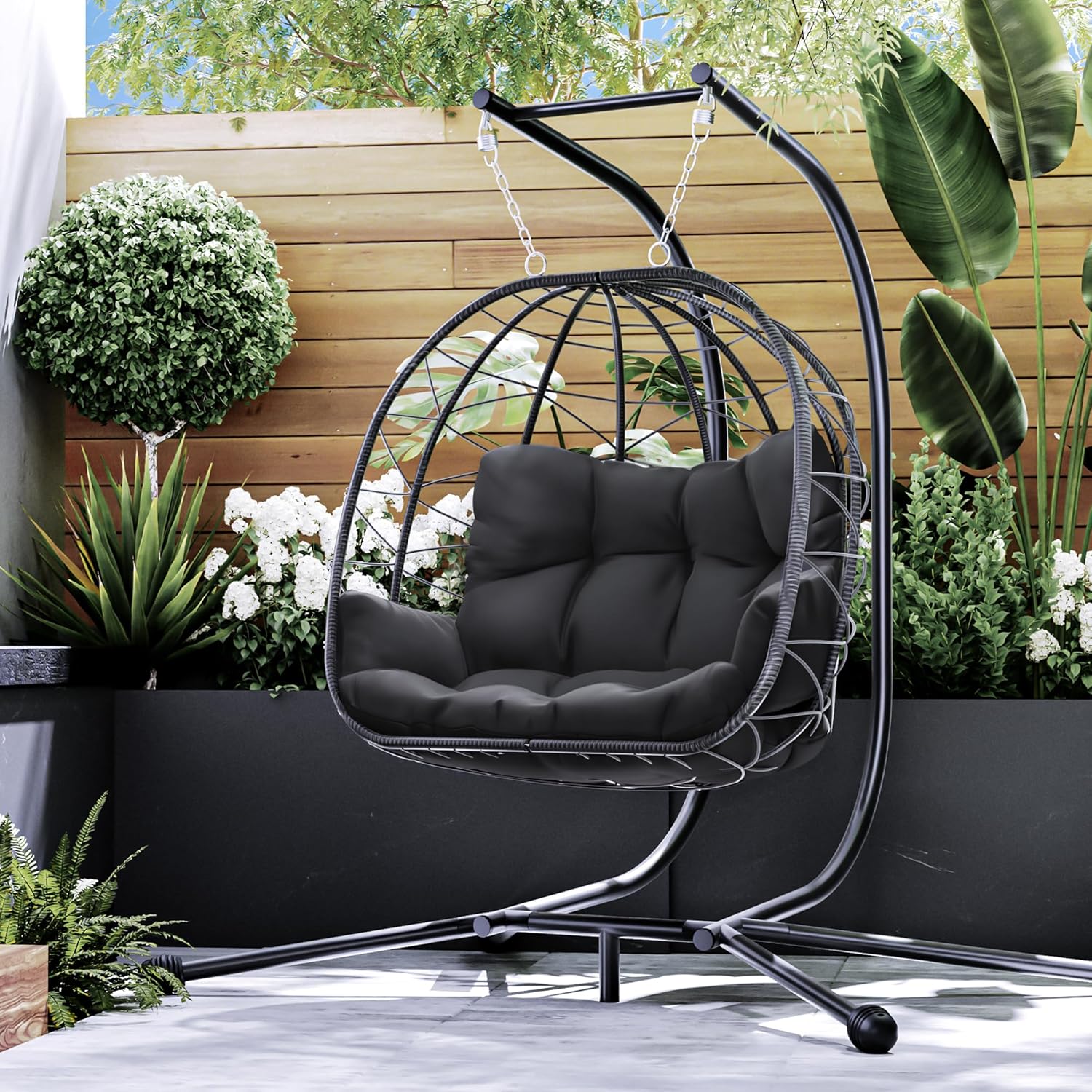 Double Egg Chair with Stand Rattan Swing Seat Grey