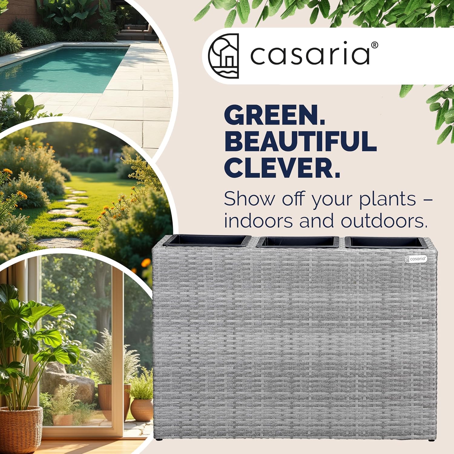 Large Tall Rattan Planter Box 83cm Grey with 3 Inner Pots