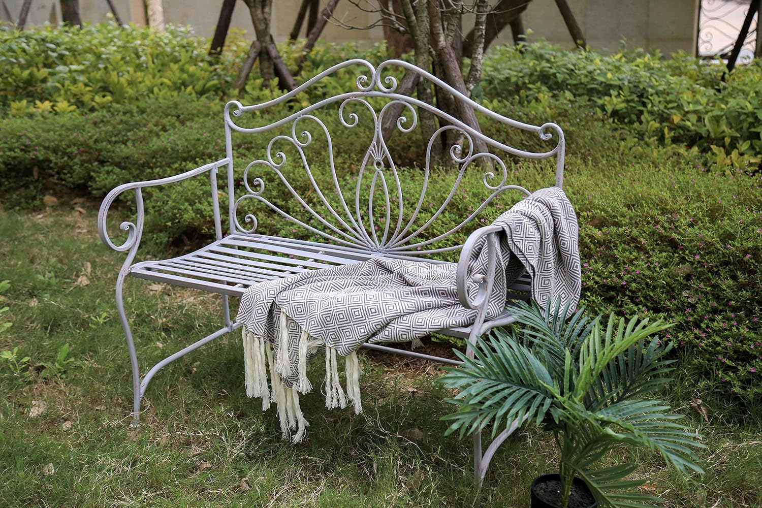 Vintage Metal Garden Bench Foldable Patio Seat Antique Grey