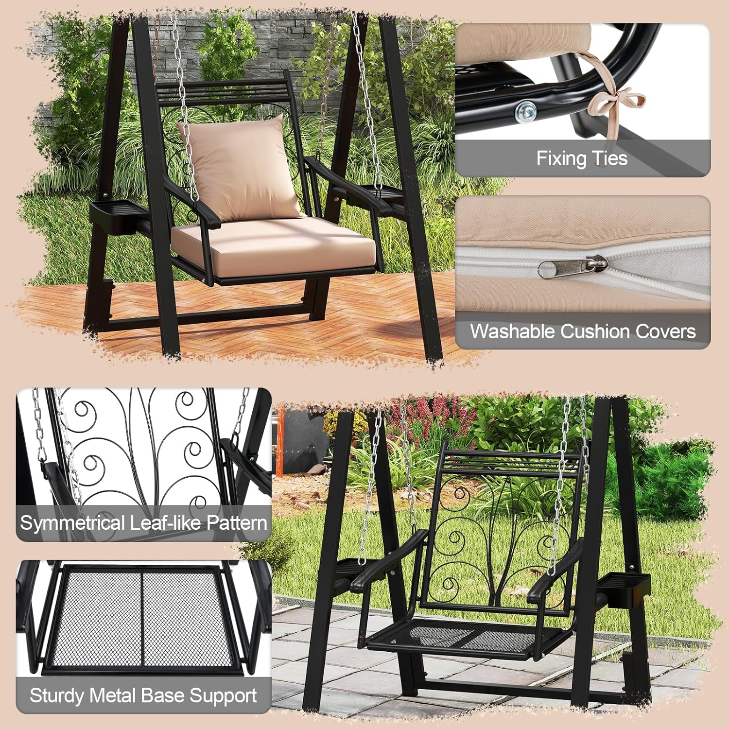 Outdoor Porch Swing Chair with Stand Canopy Side Tables Beige